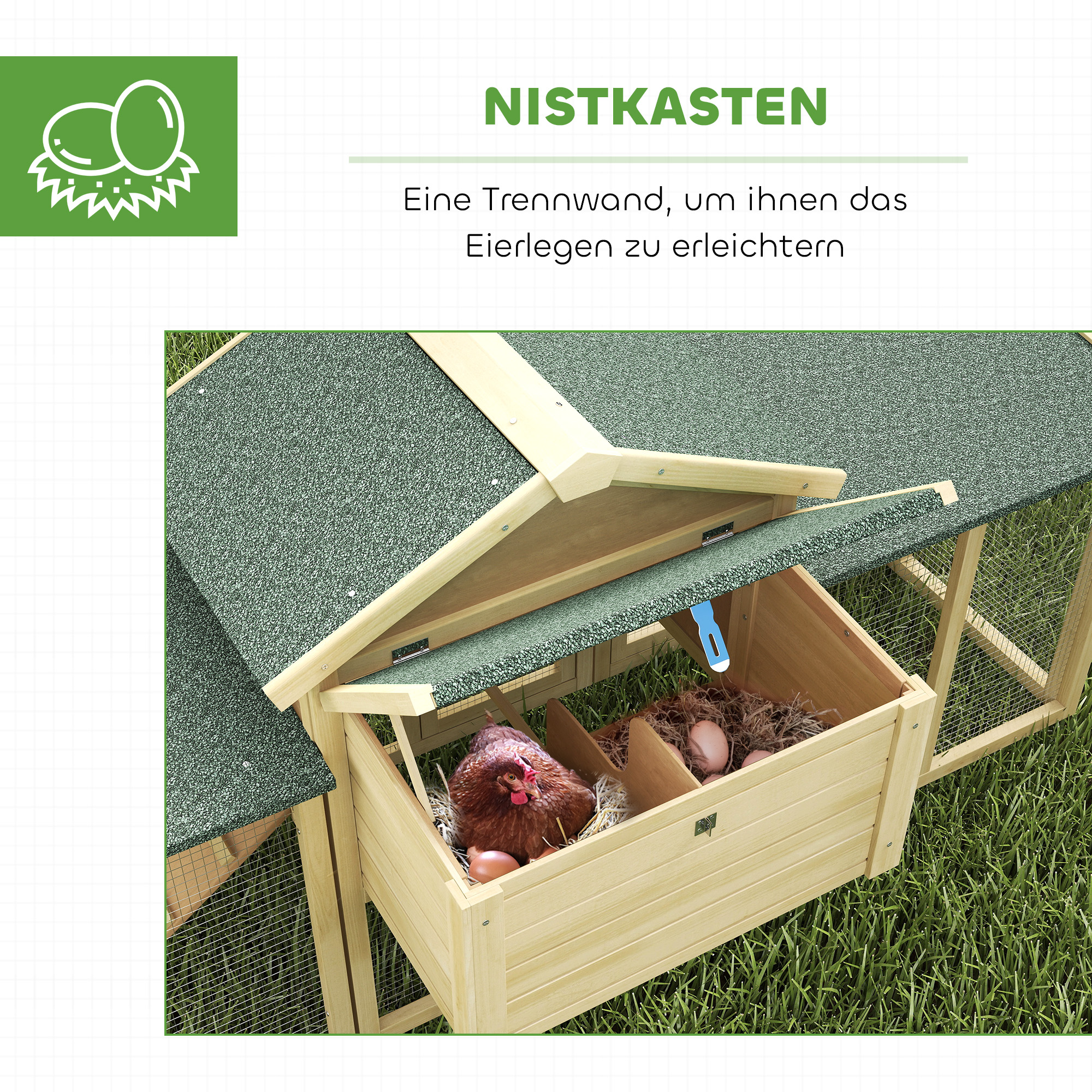 Hühnerstall Hühnerhaus aus Holz mit Nistkasten, wasserdichtem Dach, Sitzstange, Auslauf, Rampe, 204x85x93 cm Naturholz