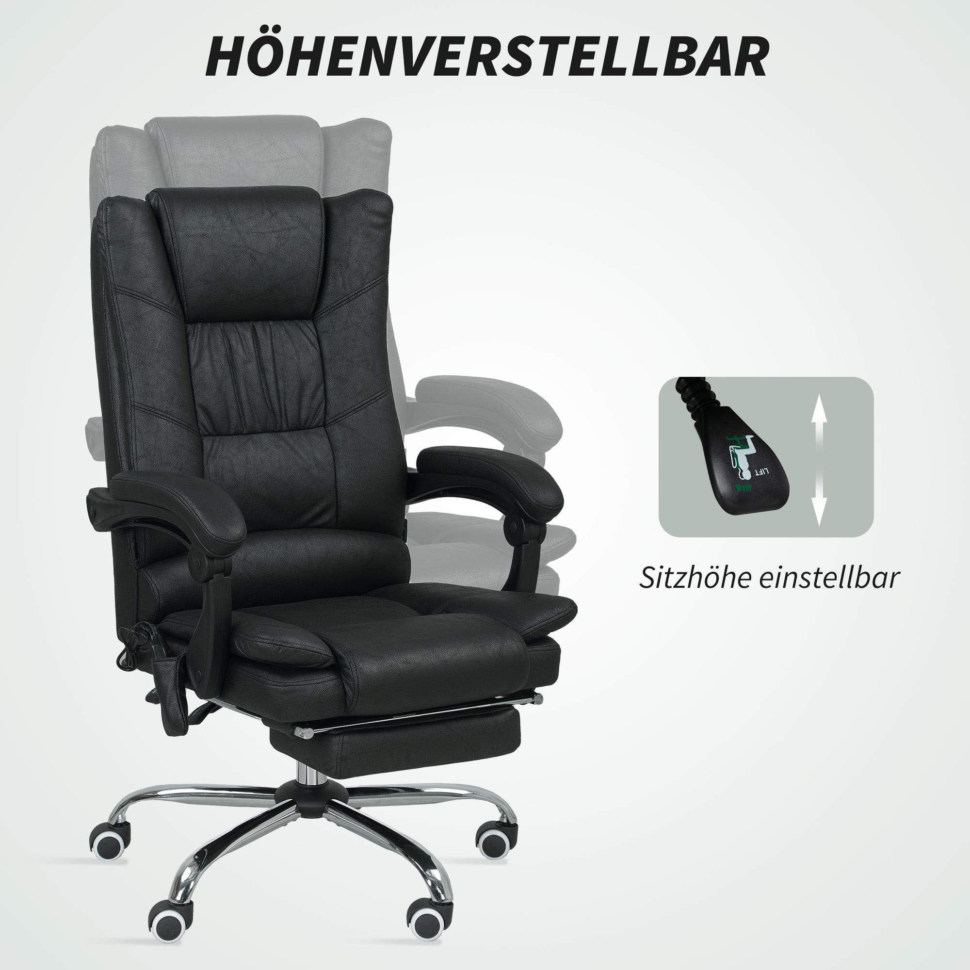 Massagstuhl Bürostuhl mit Massagefunktion, inkl. Fußstütze, höhenverstellbar, 64 cm x 70 cm x 118 cm, Schwarz