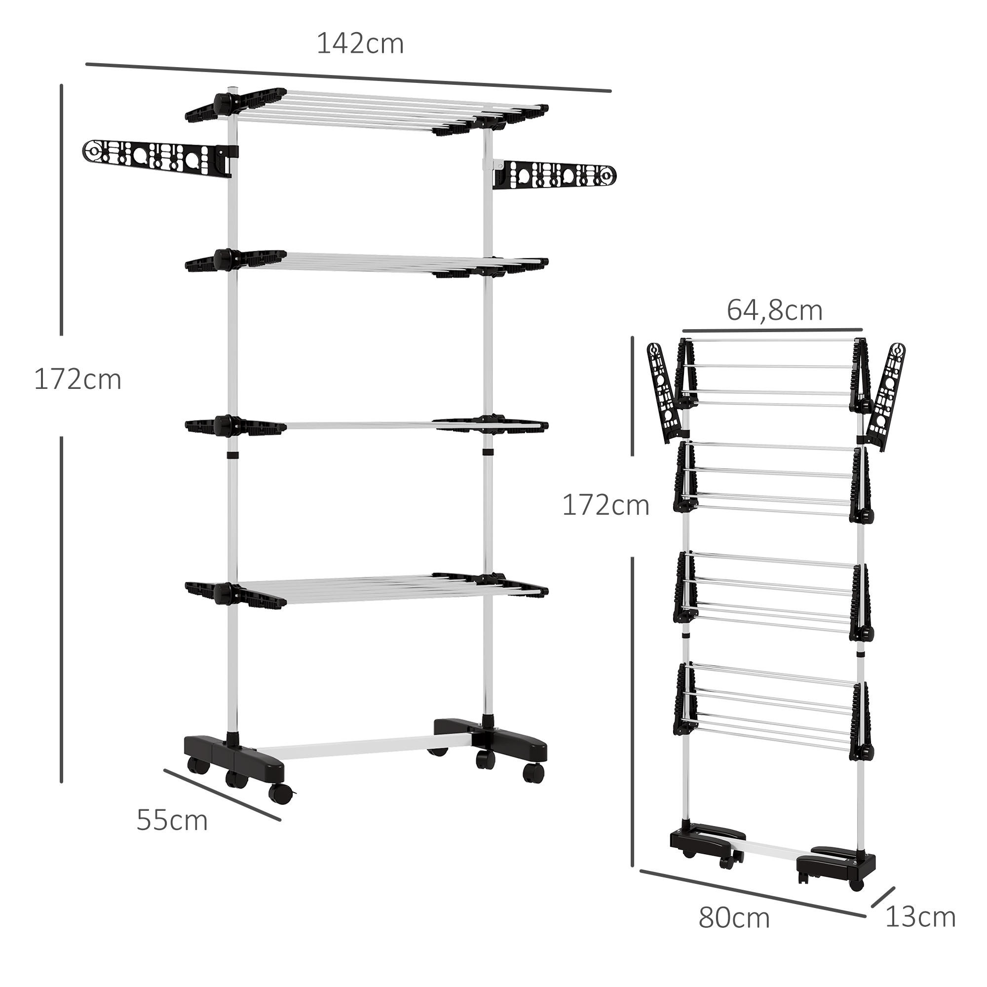 Wäschenständer Wäschetrockner 5 Ebenen, klappbar, One-Klick-System, 142 cm x 55 cm x1 72 cm, Schwarz + Silber