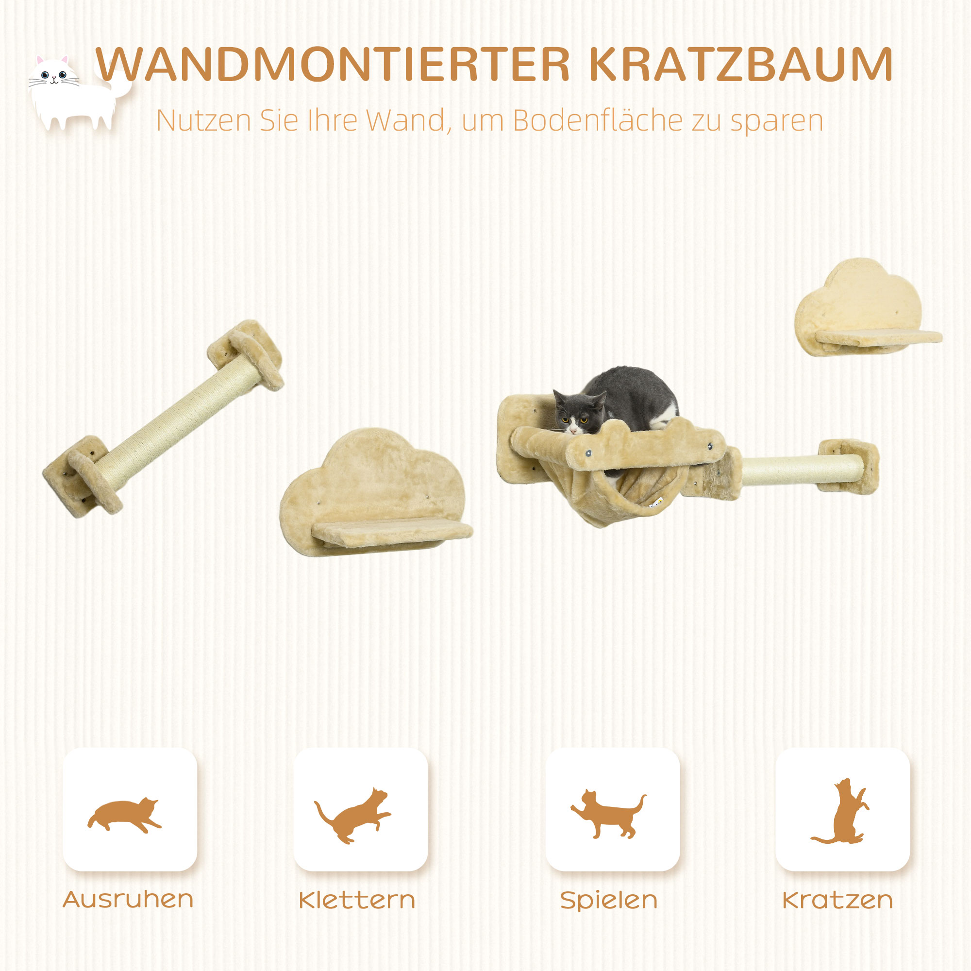Katzentreppe, 5-teiliges Set, 2 Kratzstämme, 2 Plattformen mit Plüschbezug, Hängematte, beige
