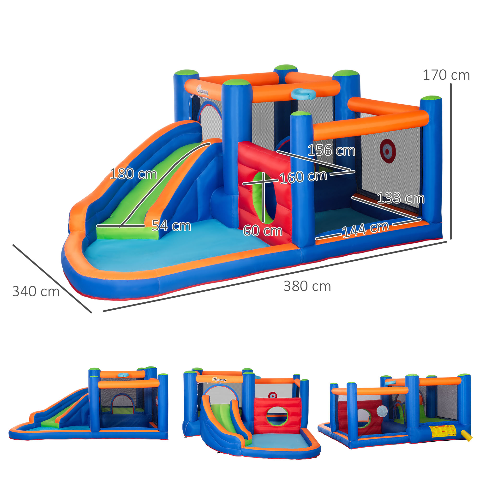 Hüpfburg, mit Rusche, Hüpfbereich, Pool, aufblasbar, inkl. Elektropumpe, für bis 3 Kinder, 380 x 340 x 170 cm