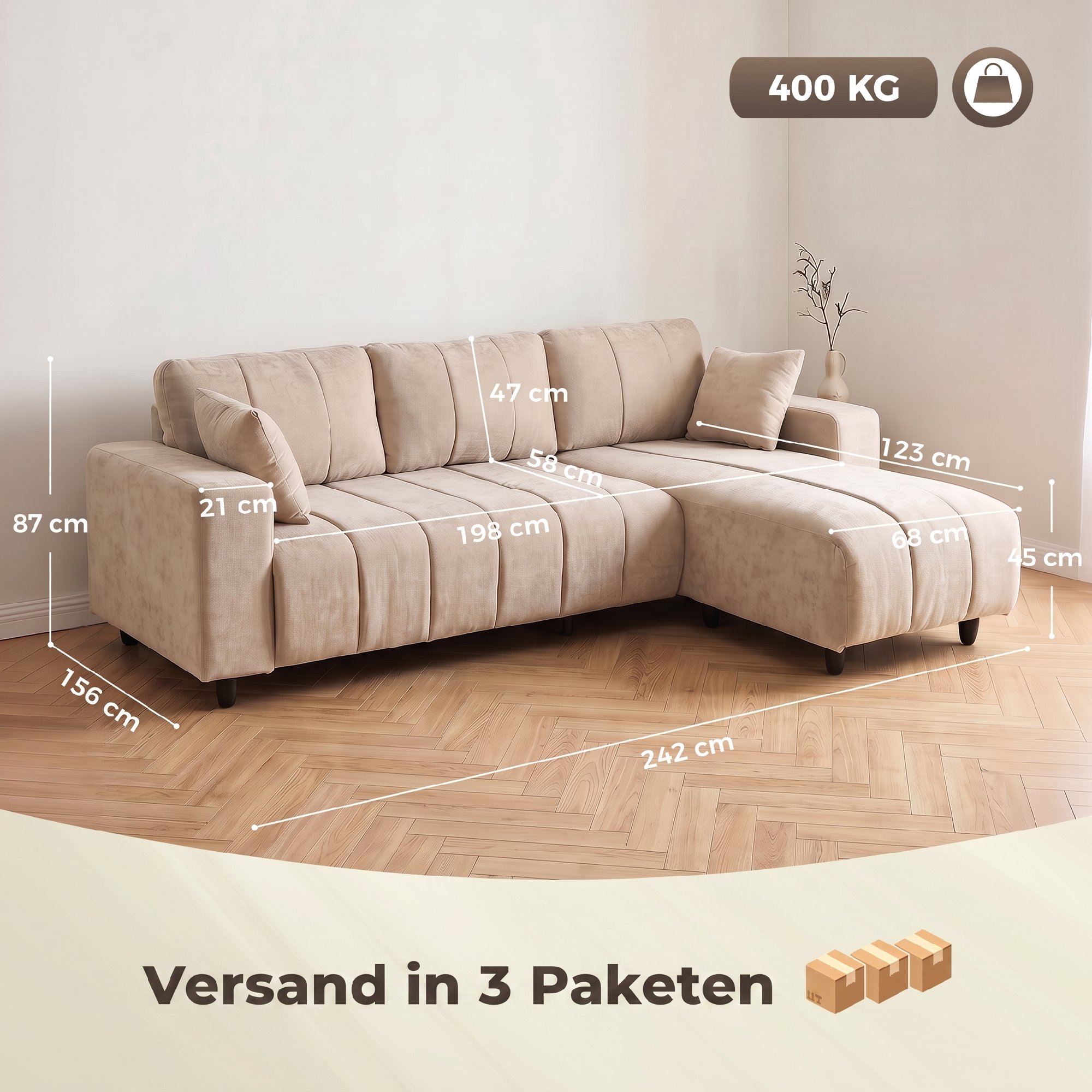 L-förmiges Ecksofa mit flexibler Chaiselongue, 3-Sitzer-Couch mit 2 Kissen, Metallrahmen, für Wohnzimmer, Beige