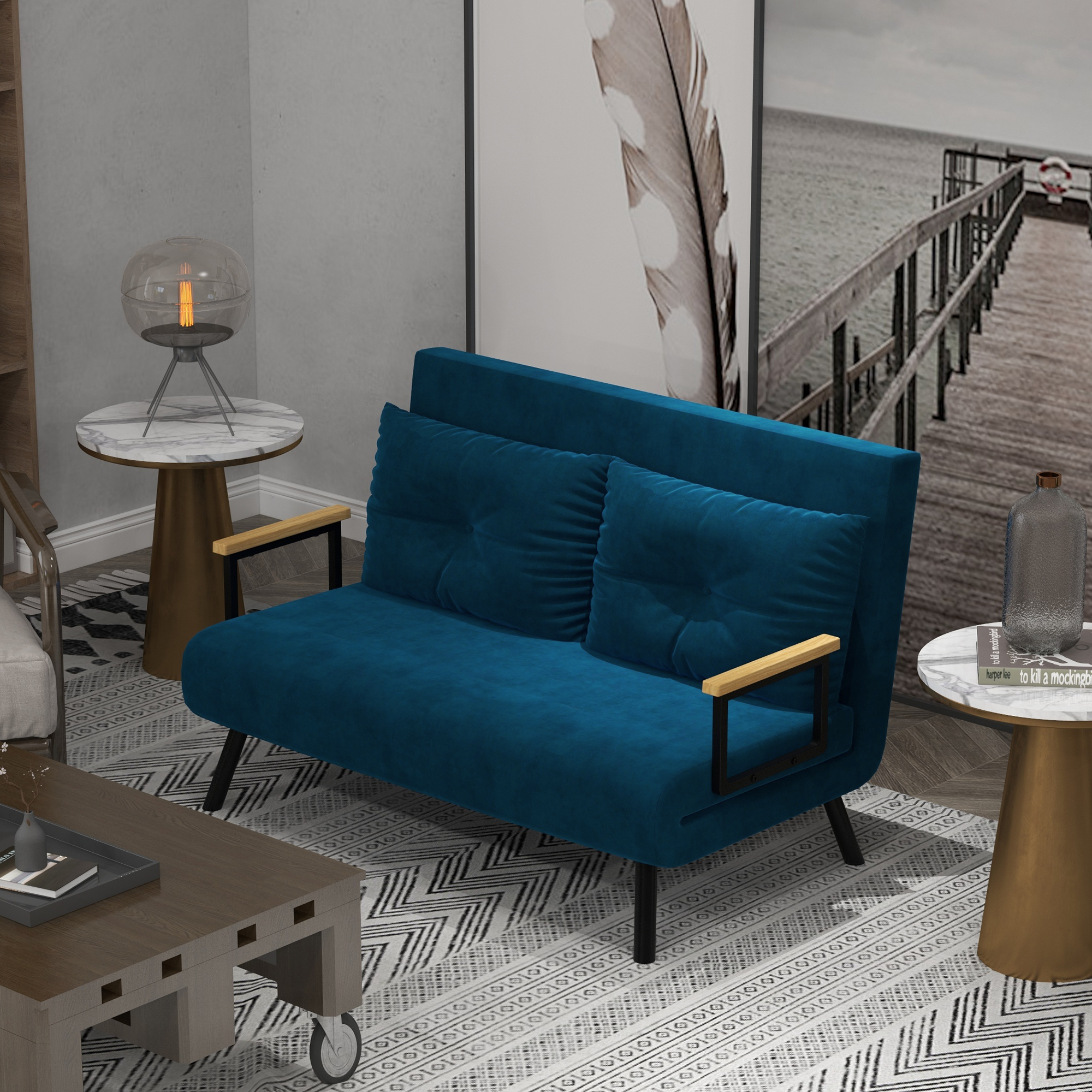 Schlafsofa 2er-Sofa Samtsofa, Schlaffunktion, inkl. 2 Kissen, Samtoptik, Natur + Blau