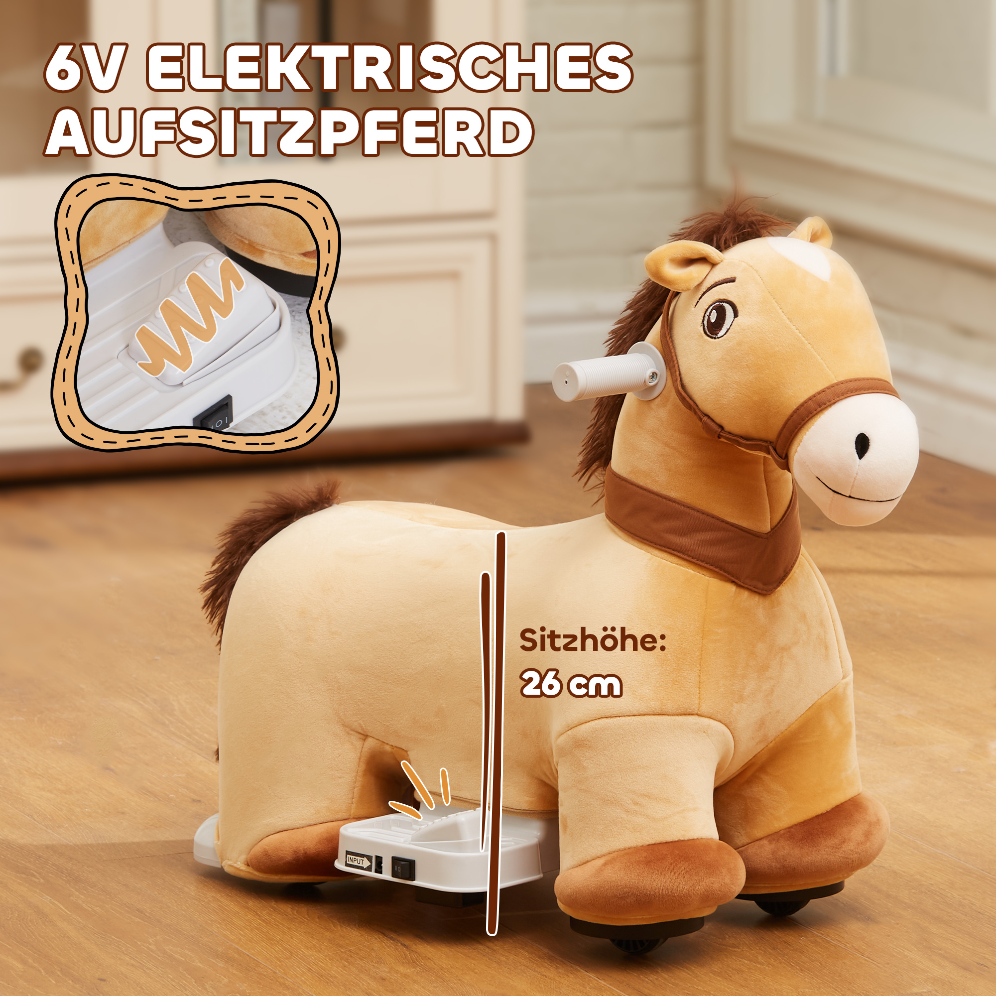 6V Reitpferd für Kinder, Batteriebetrieb, Mit Musikfunktion und Vorwärtsbewegung, 18-36 Monate, Braun