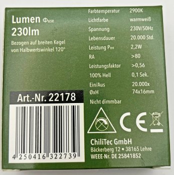 LED-Einbauleuchte "EBL-HV65w", weiß / 230V, 2W, 2900K, 230lm, warmweiß
