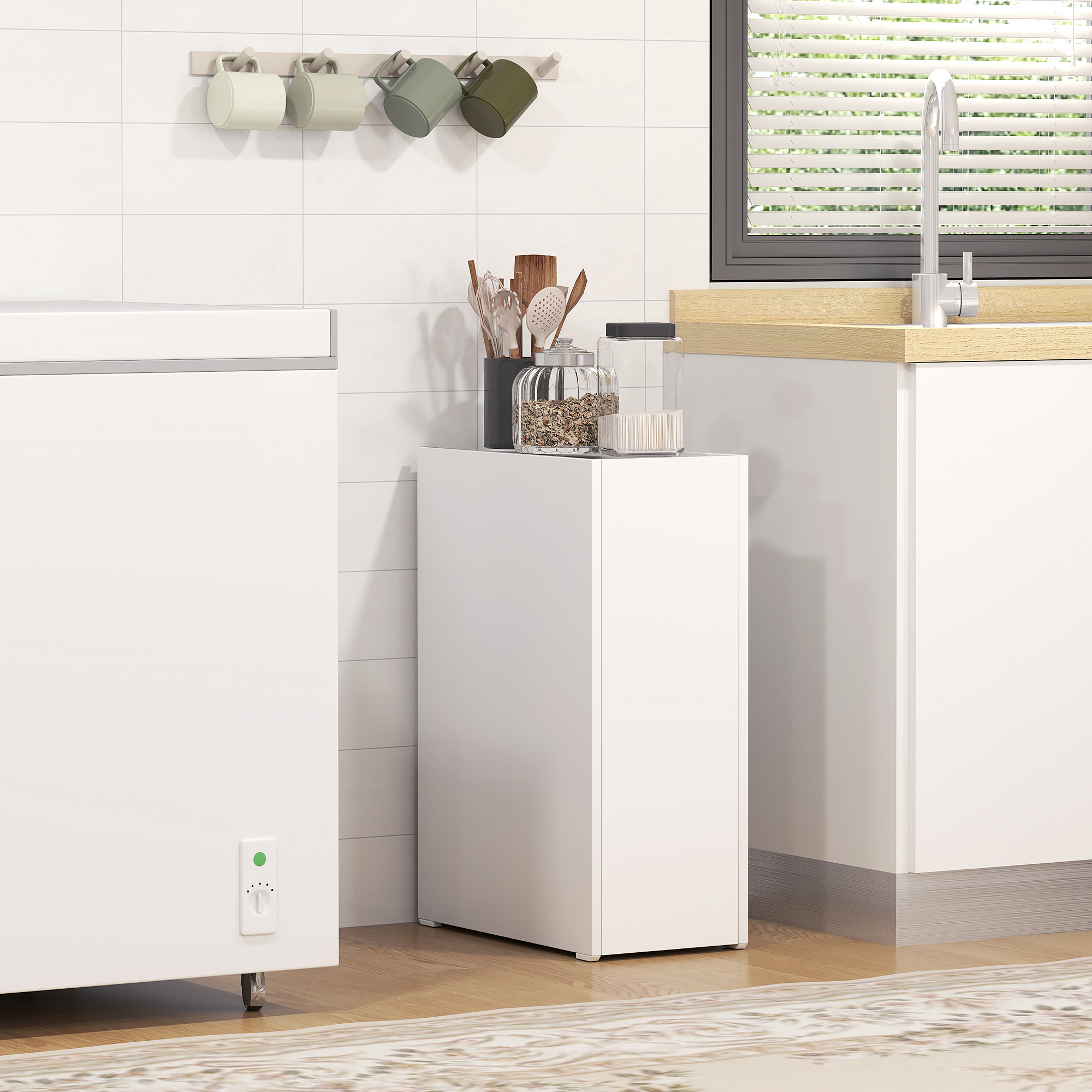 Schmaler Badezimmerschrank, Bodenschrank mit tiefer Schublade, Freistehender Badschrank, Spanplatte, Weiß