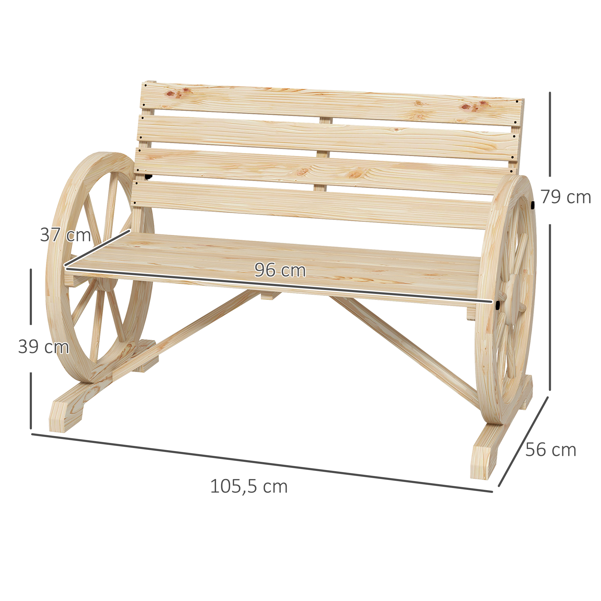 Gartenbank, Wagenrad-Design, für 2 Personen, Naturholz, dunkelbraun, 105,5 x 56 x 79 cm, Natur