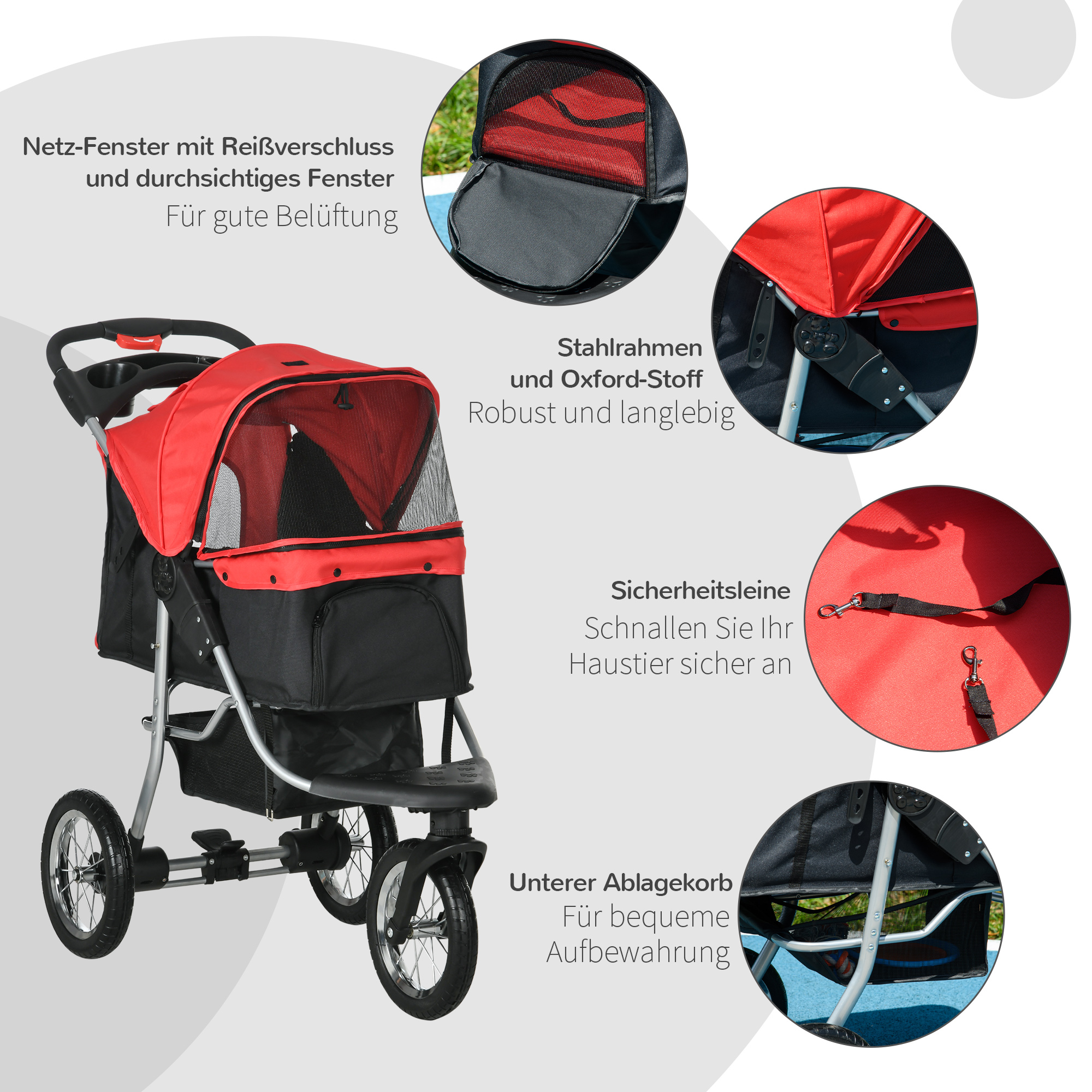 Hundewagen Hundebuggy mit 3 Rädern klappbar bis 10 kg Oxford Rot+Schwarz 109,5 x 54,5 x 106,5 cm