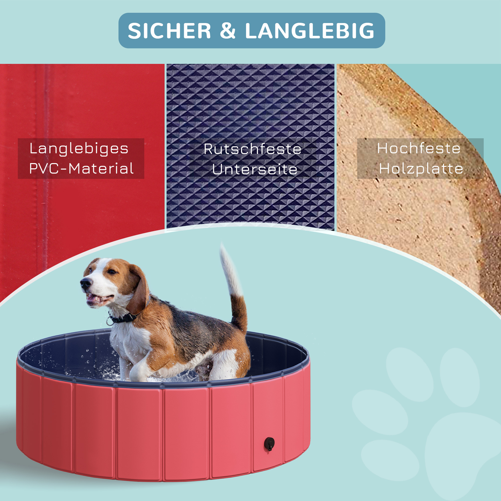 Hundebadewanne faltbar Badewanne Hundepool Plantschbecken Swimmingpool Wasserbecken für Hunde und Katzen Schwimmbecken Kunststoff+Holz Rot Ø100 x H30 cm
