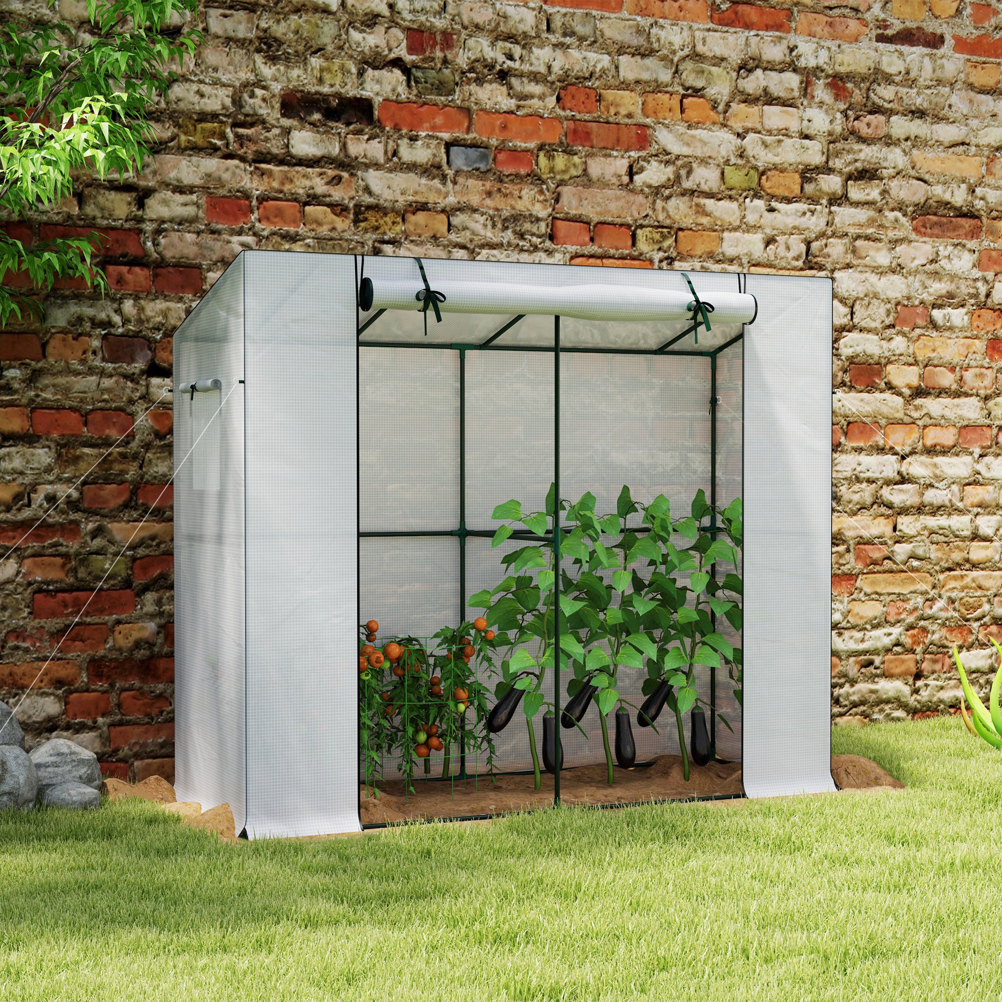 Mini-Gewächshaus, Anlehn-Gewächshaus mit Rolltür und Netzfenstern, UV-beständig, für Blumen, Setzlinge, Pflanzen, Weiß