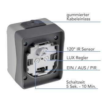 NUQUI Feuchtraum PIR Bewegungsmelder / 120°, bis 6m,  250V~, 2-500W, IP54