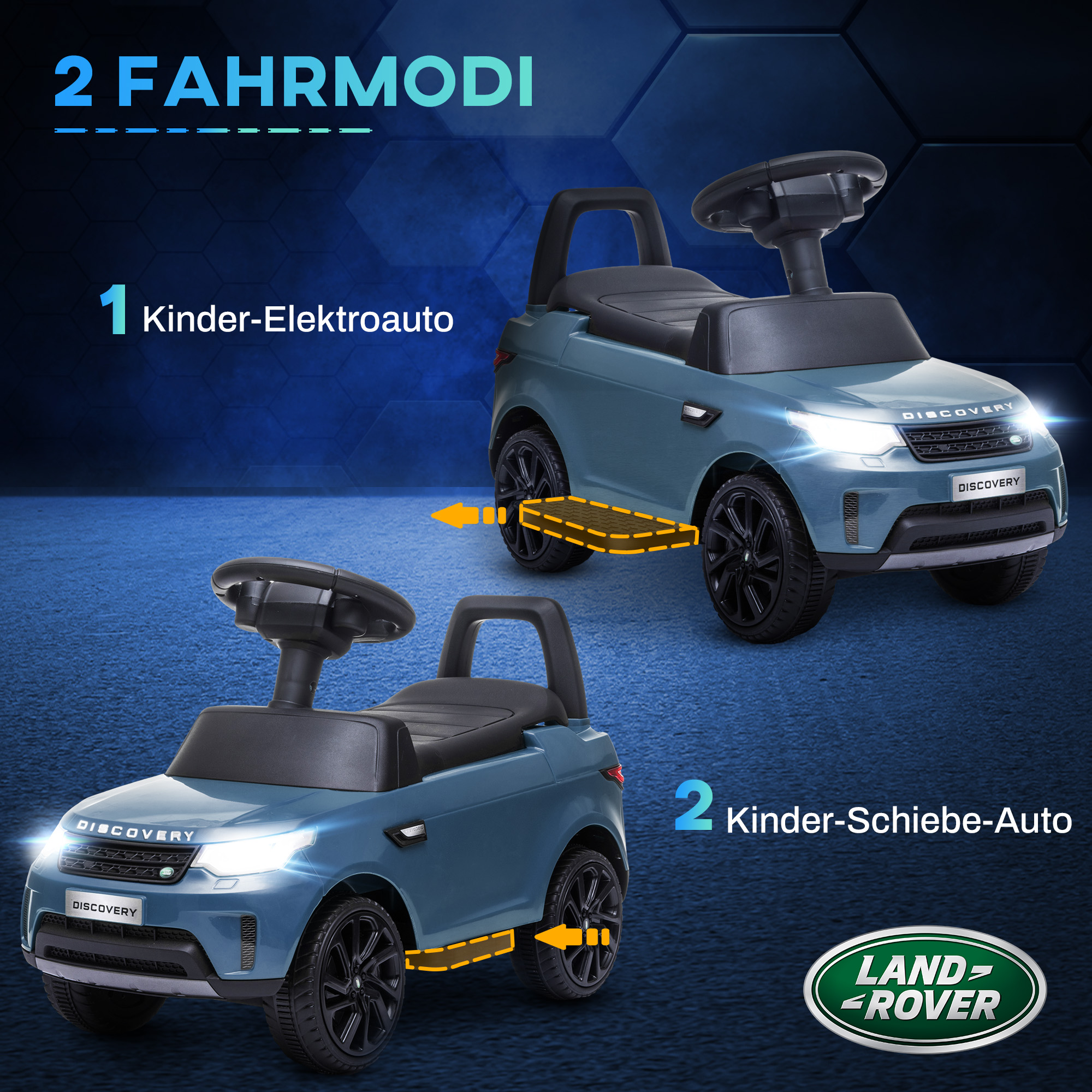 Elektro Kinderauto 6V, Land Rover, Fahr-/Schiebemodus, Scheinwerfer, Musik, Hellblau