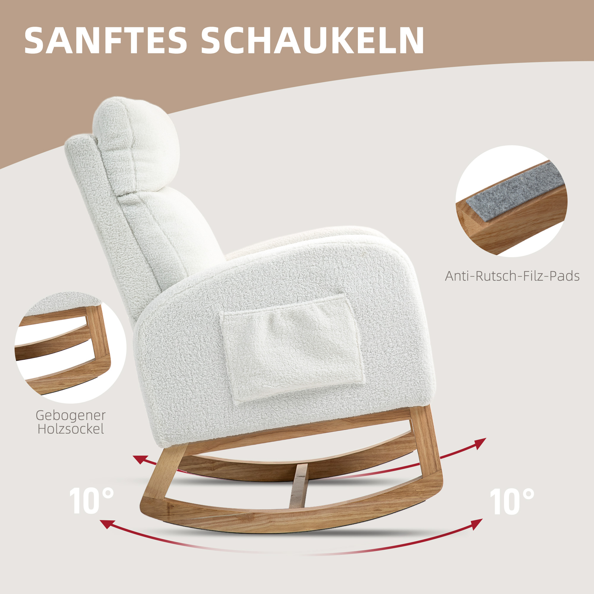 Schaukelstuhl, Relaxsessel, dicke Polsterung, kuscheliger Bezug, Holzrahmen, bis 120 kg Tragkraft, Cremeweiß
