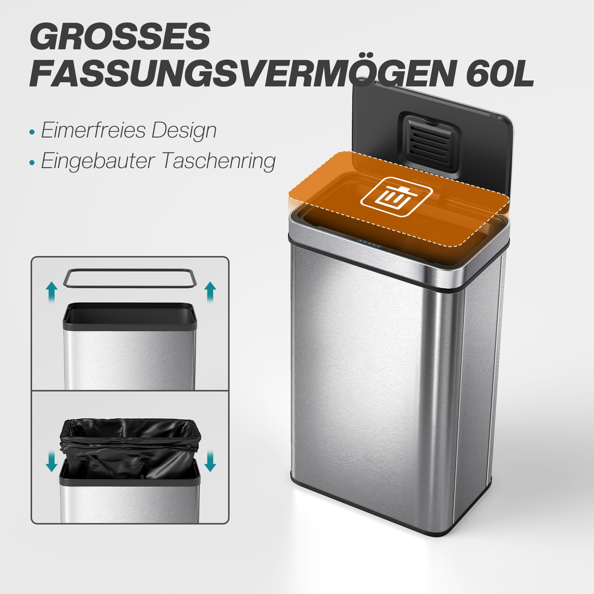 60l Sensor-Mülleimer, automatischer Deckel, Edelstahl, vielseitig einsetzbar, Silberfarben