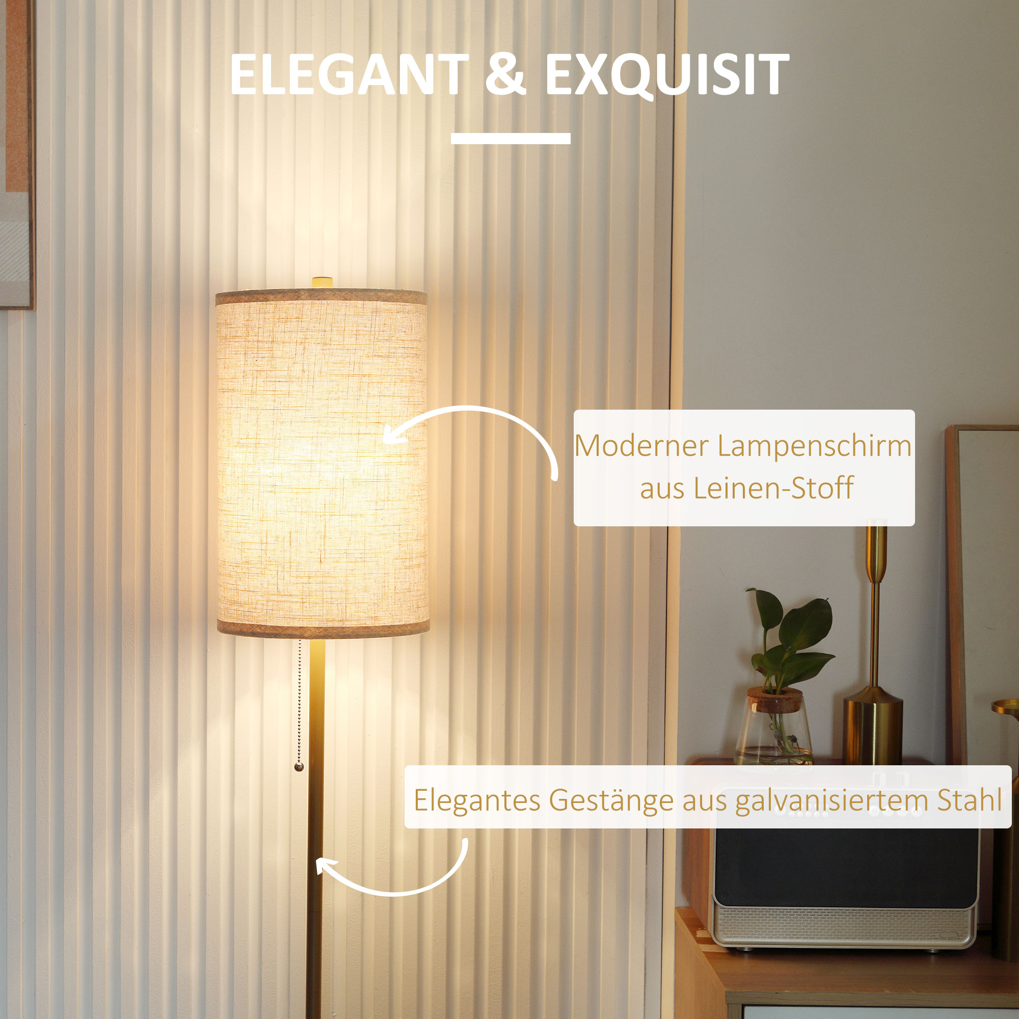 Stehlampe, elegante Stehleuchte aus Stahl mit Stoffschirm, Wohnzimmerlampe, Zugkettenschalter, gold+weiß