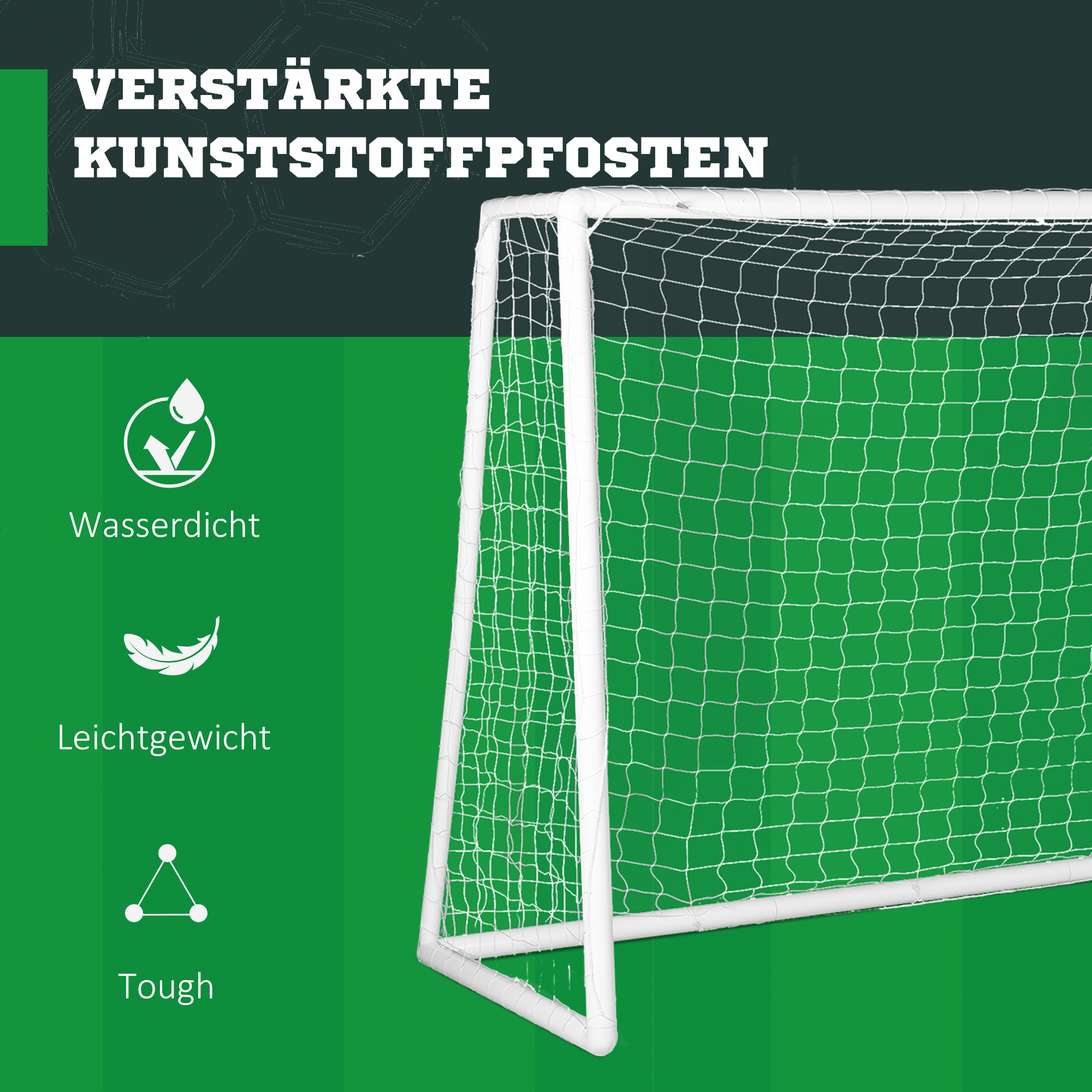 Fußballtor, robustes Netz, Kunststoff-Rahmen, Heringe, 300L x 120B x 200H cm, Weiß