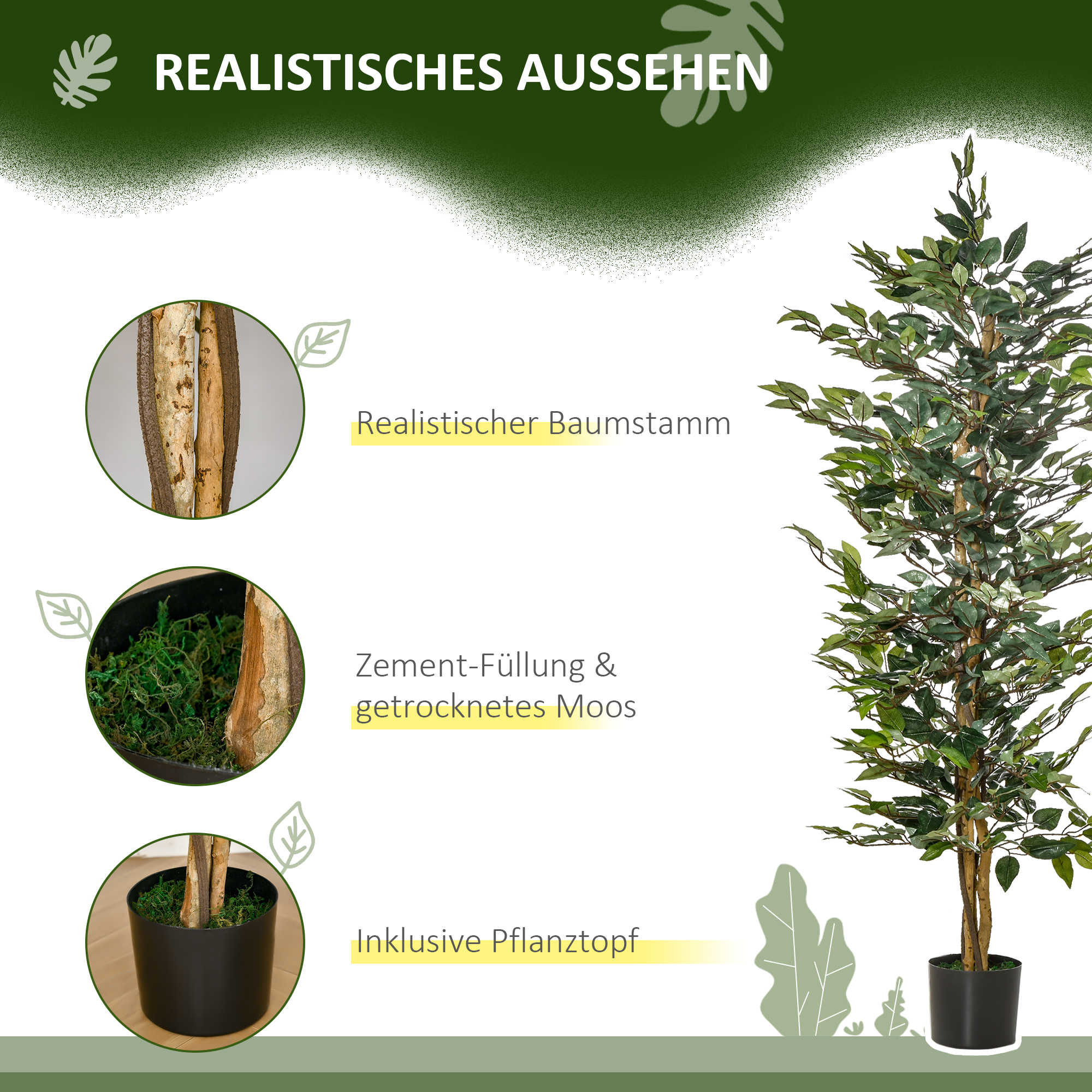 Ficus-baum groß 150 cm Kunstbaum, Kunstpflanze, Plastik Künstliche Pflanzen im Topf, Fake Plant wie echt für Wohnzimmer Schlafzimmer Büro Garten Moderne Dekoration Geschenk