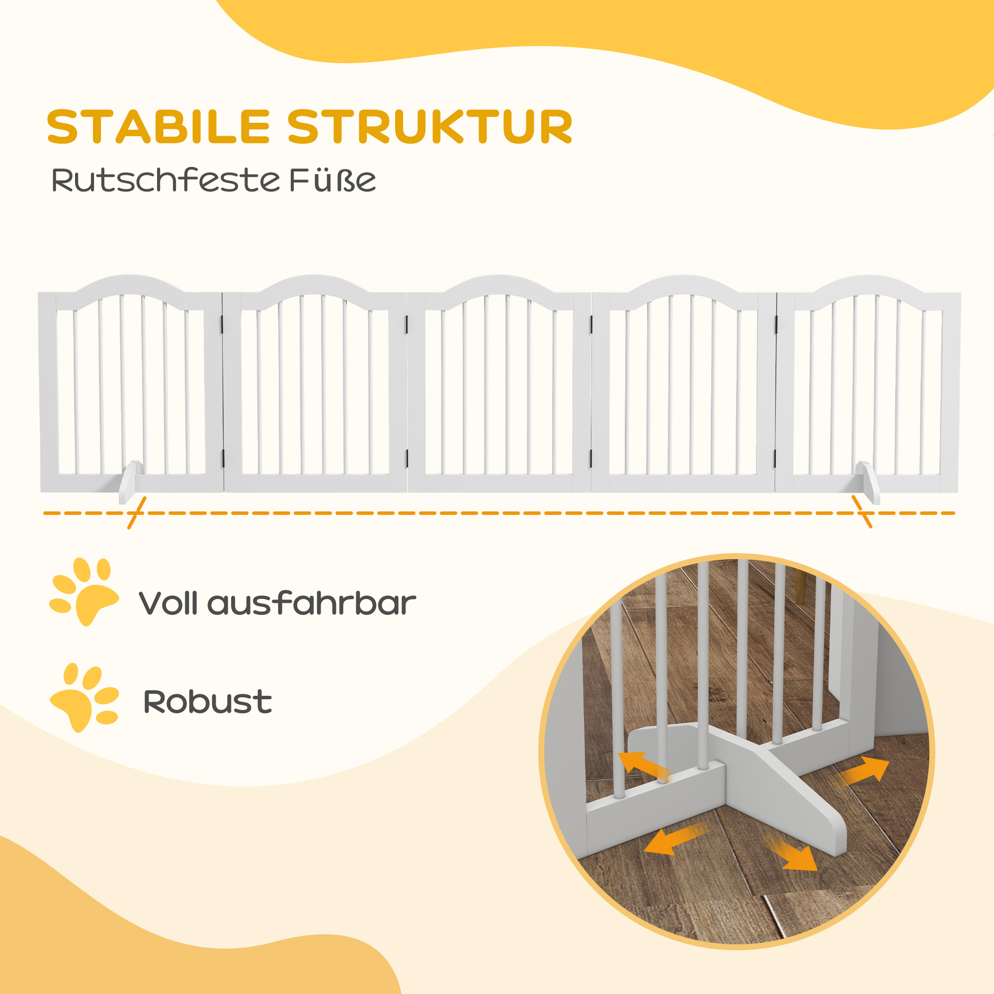 Hunde-Absperrgitter, 5 Paneele, klappbar, flexibel, Massivholz/MDF, 254,5x29,5x61 cm, Weiß