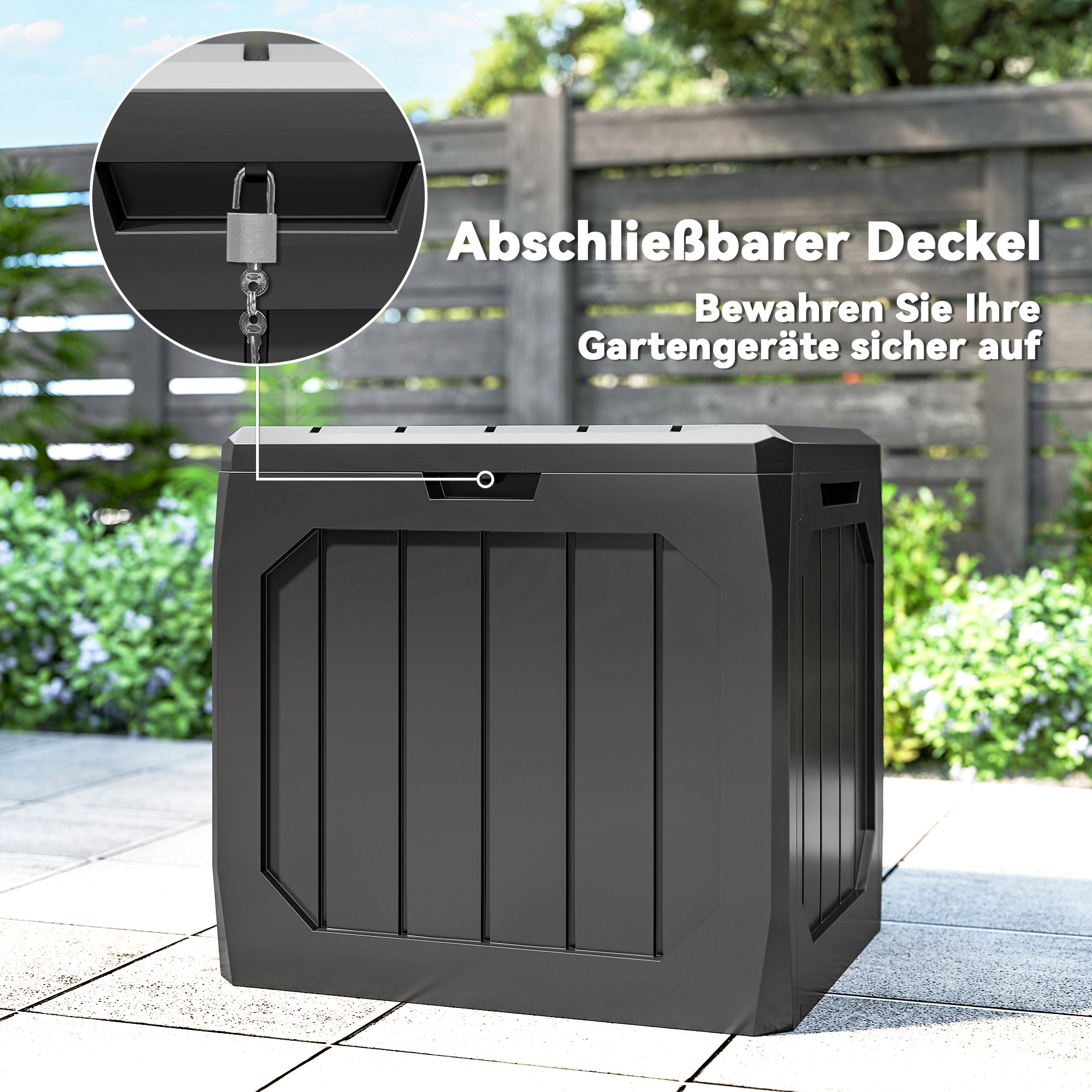 121L Kunststoff Garten-Aufbewahrungsbox, Outdoor-Aufbewahrungsbox mit Griffen, Schwarz