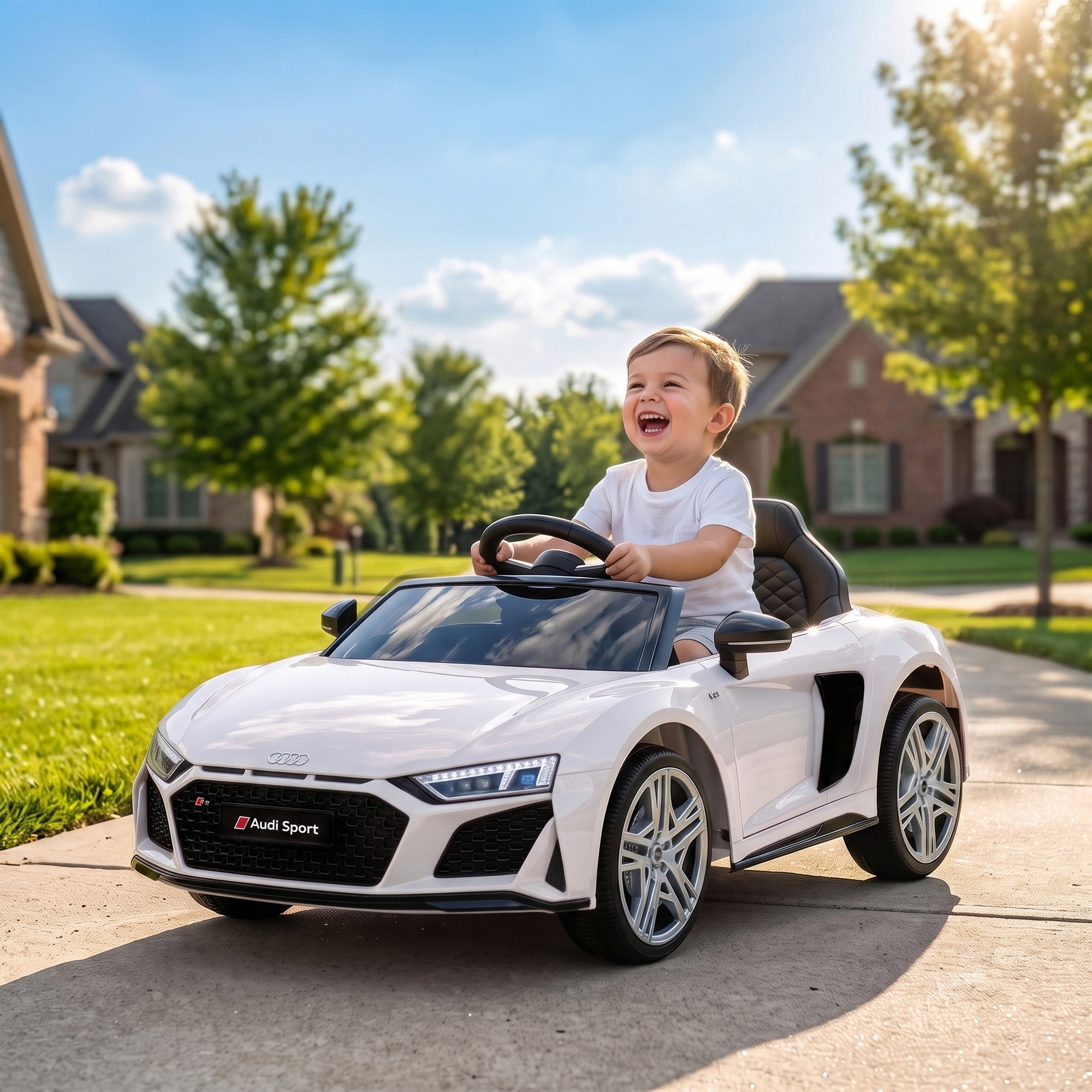 Kinder Elektroauto 12V Kinderauto mit Fernbedienung Lithium-Akku 2 Motor Sanftanlauf Hinterradfederung Weiß