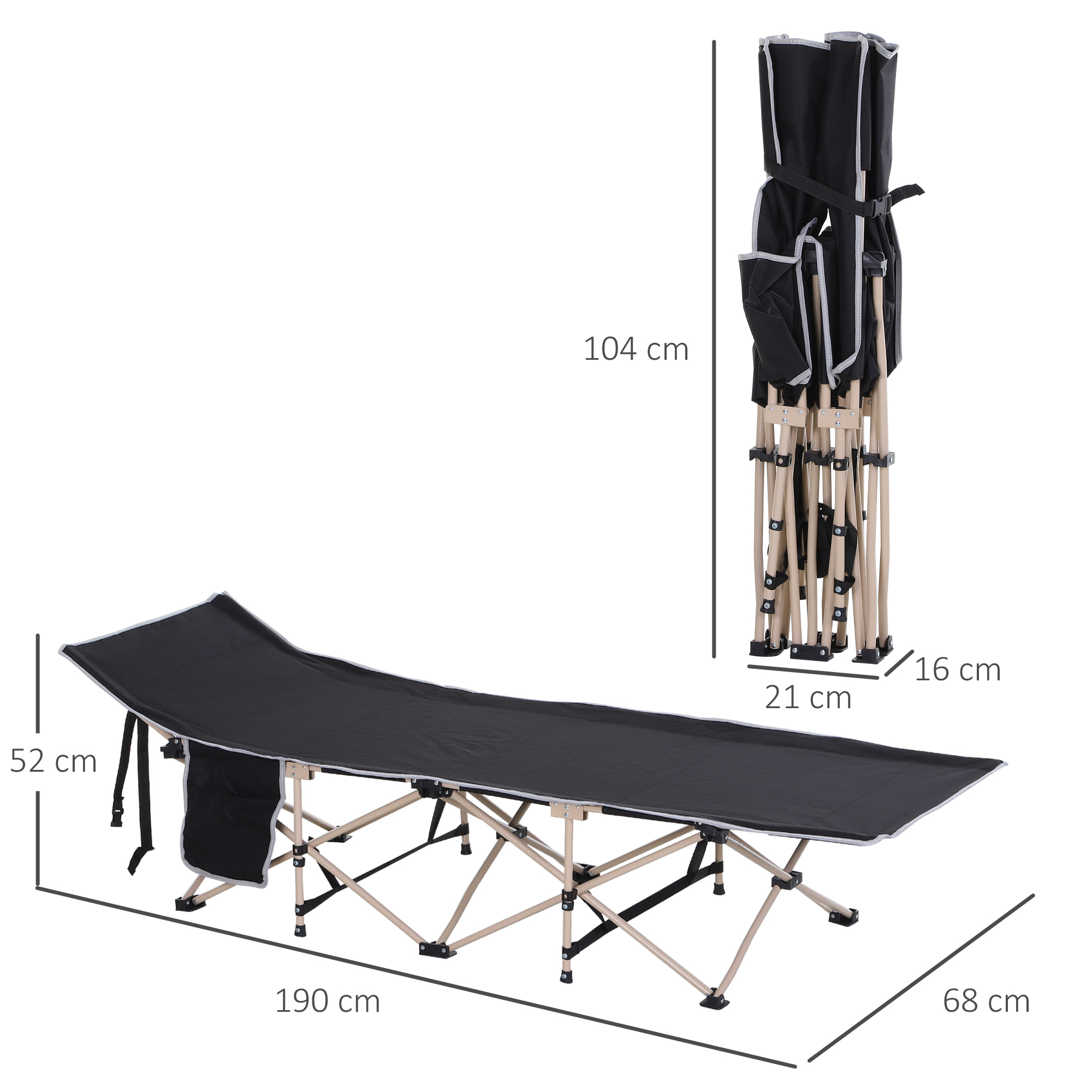 Feldbett, Campingbett, klappbar, wetterbeständig, ink. Tragetasche, 190 x 68 x 52 cm, Schwarz