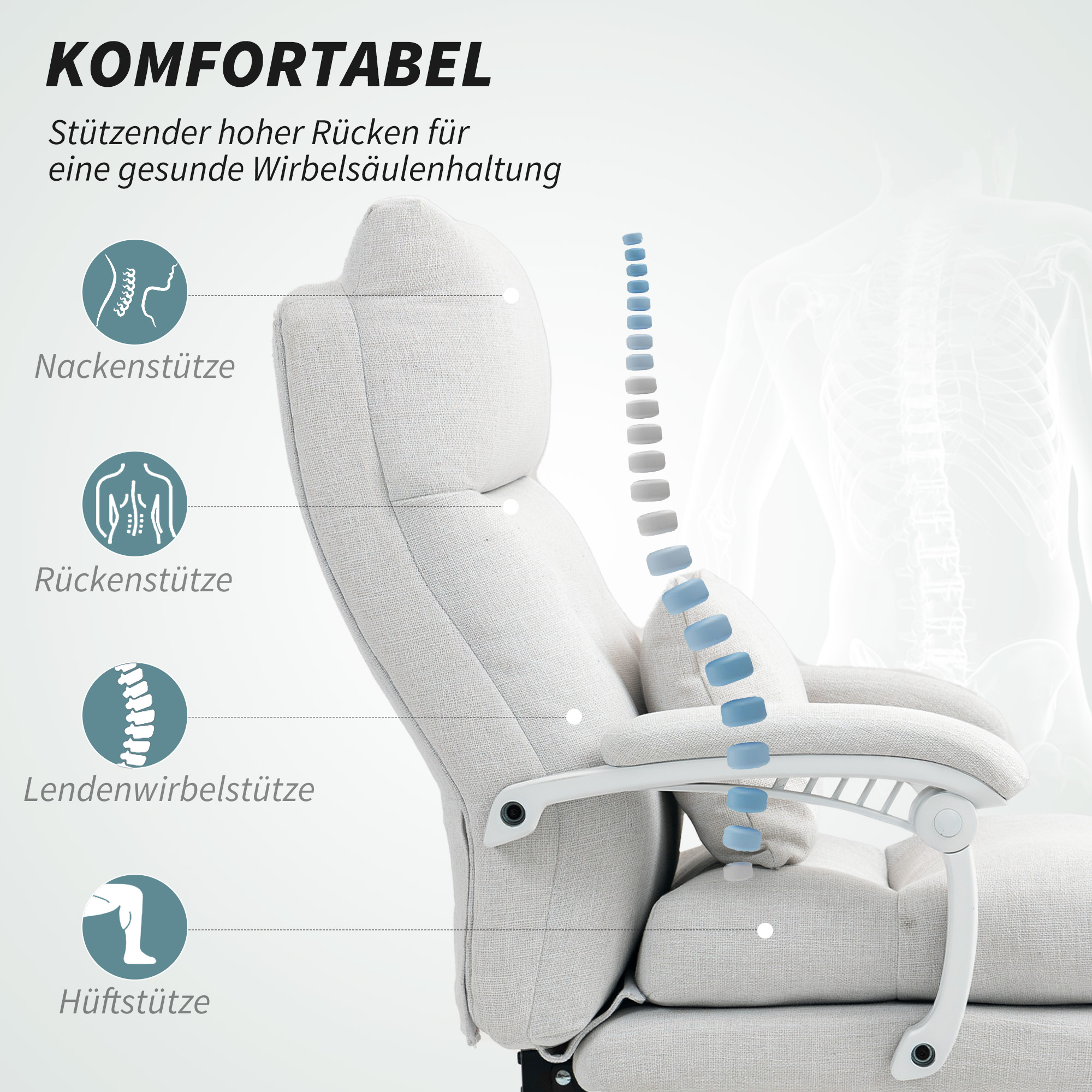 Rollsessel, Leinenoptik, höhenverstellbar, 160 Grad neigbar, Fußstütze, Cremeweiß