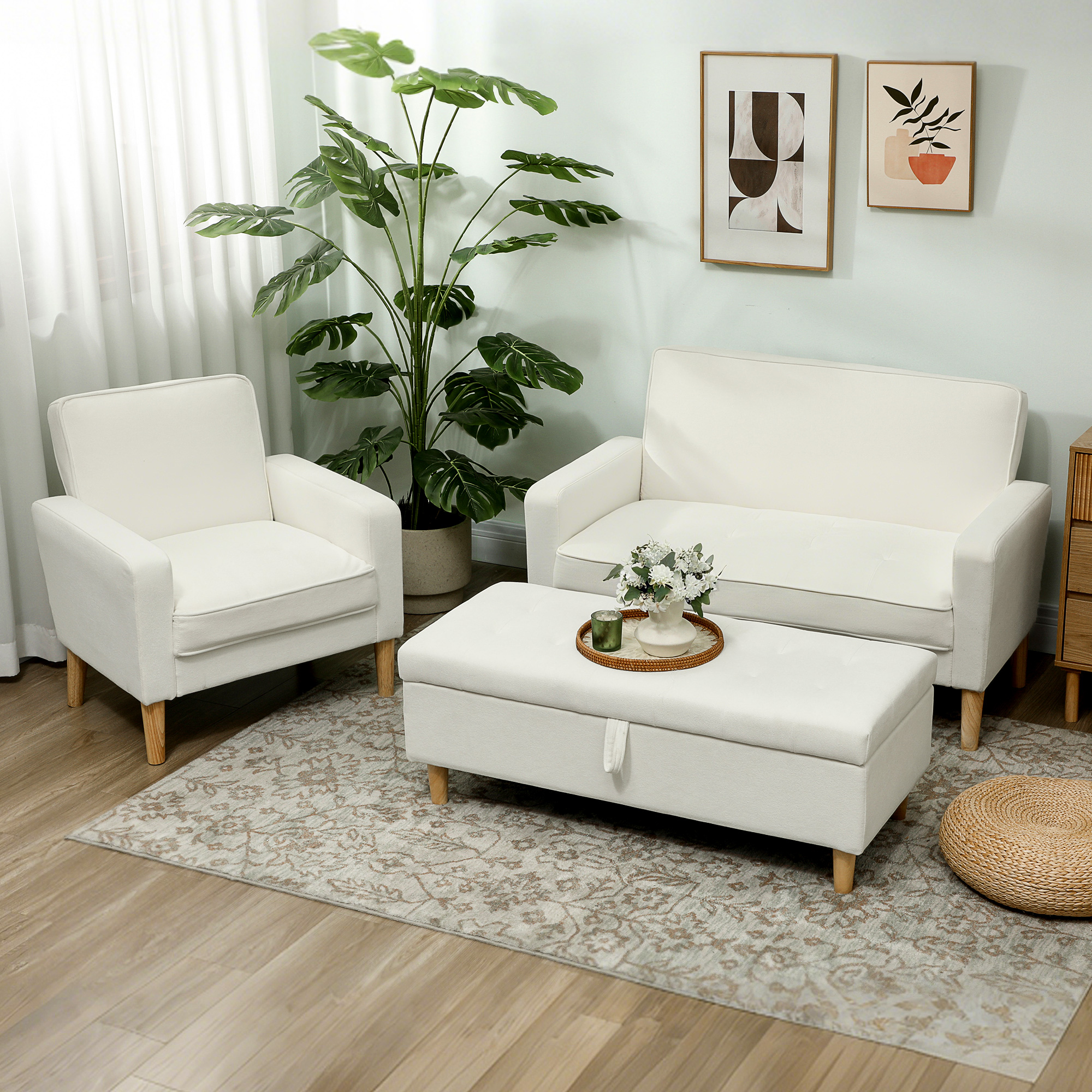2-Sitzer-Sofa, Doppelsitzsofa mit Kautschukholzbeinen, Polstersofa für Wohnzimmer, Schlafzimmer, Cremeweiß