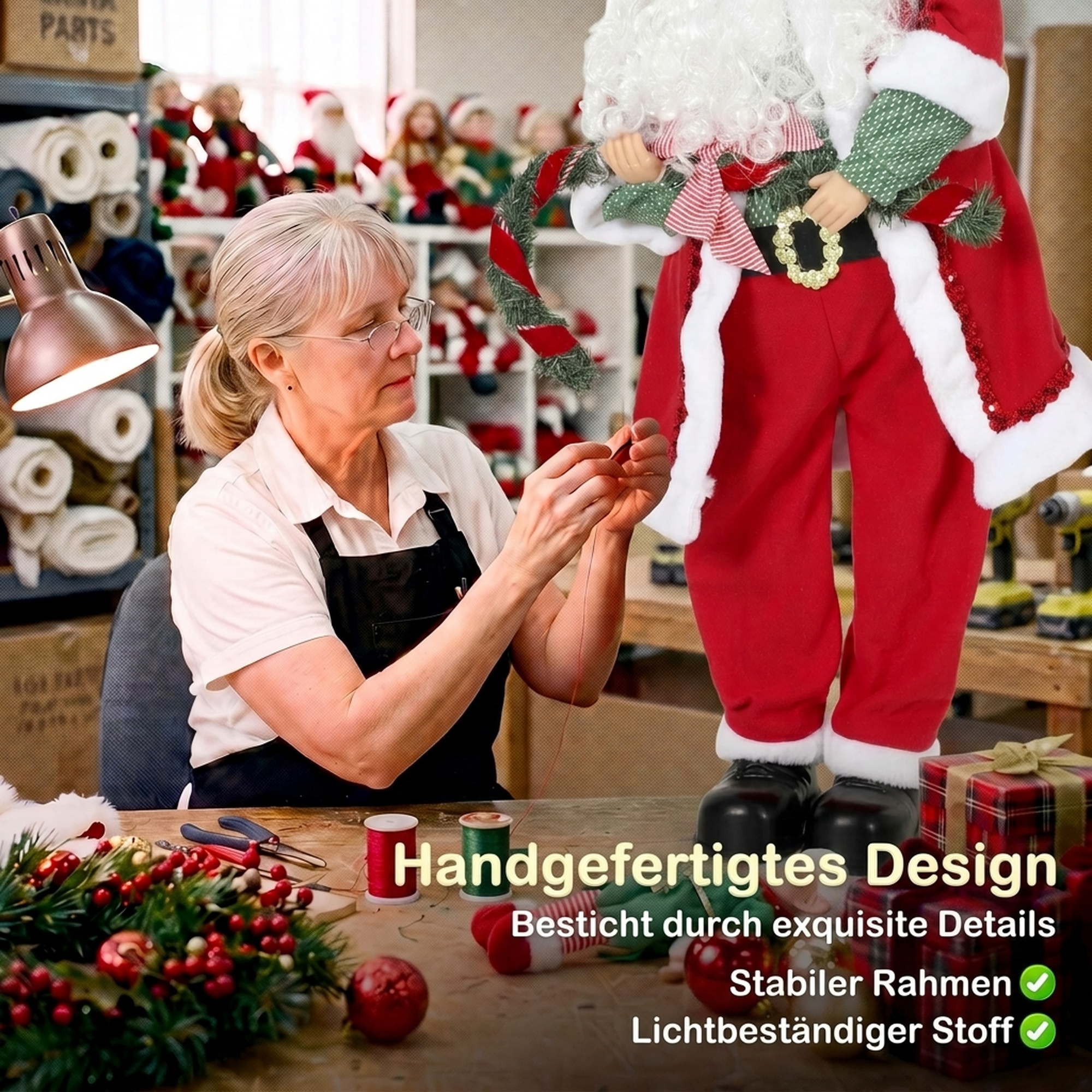 Singender & tanzender Weihnachtsmann, 120 cm, stehende animierte Weihnachtsfigur mit Girlande & Sack, per Sound/Berührung aktiviert
