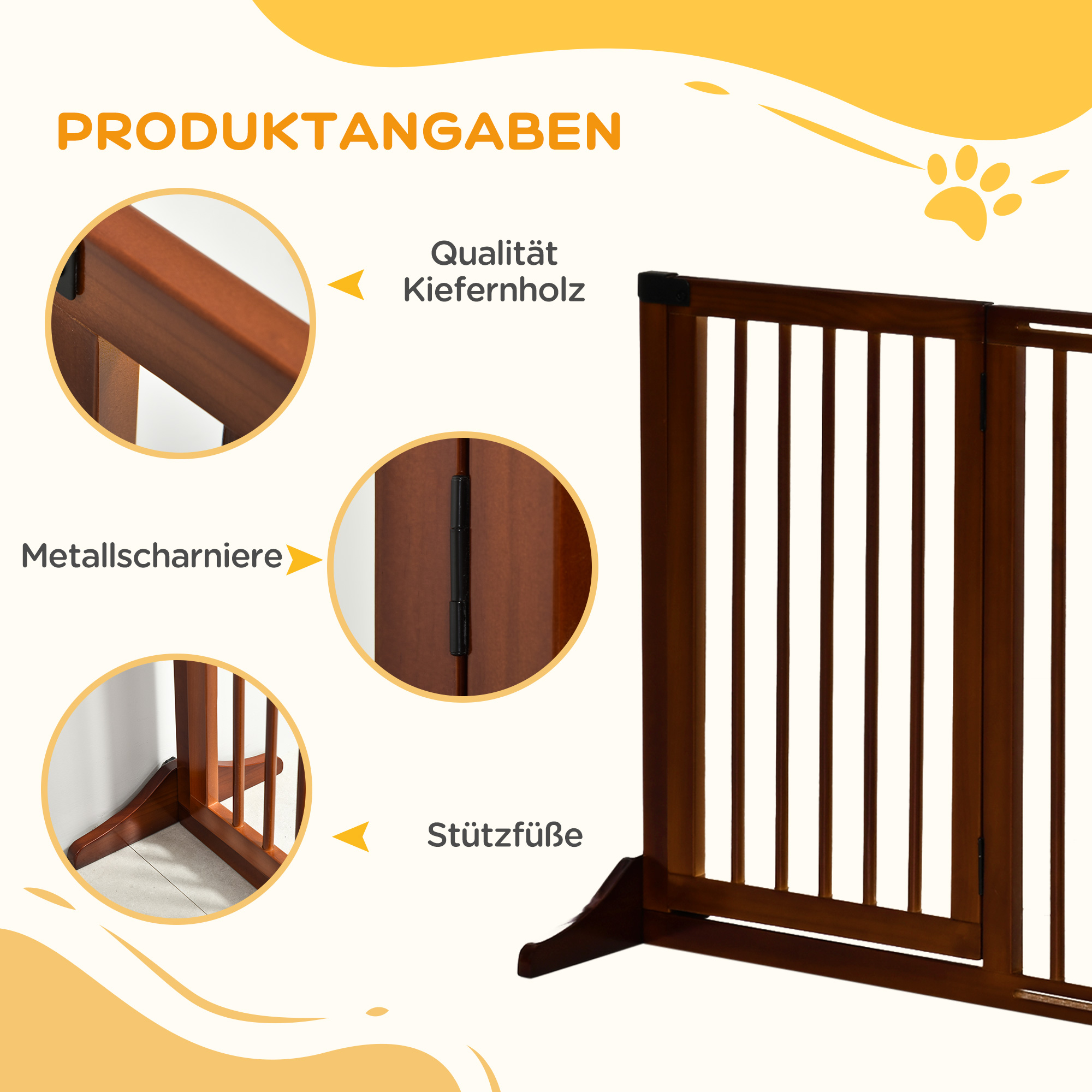 Absperrgitter Hunde Türschutzgitter Schutzgitter aus Holz Freistehendes Hundegitter mit Tür Hundeabsperrgitter Konfigurationsgitter für Kamin & Ofen Braun 113-166 x 36 x 71 cm
