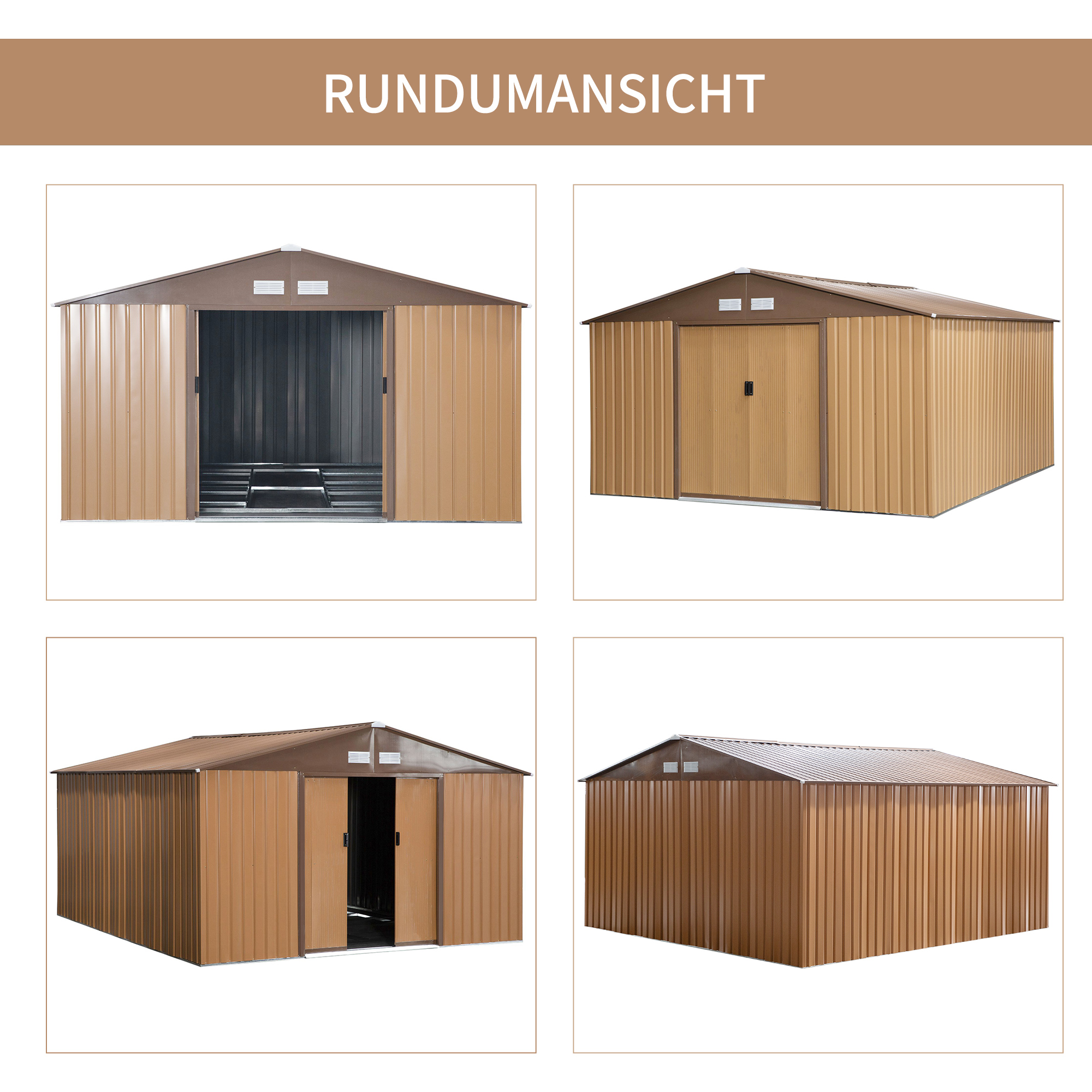 Stahl Gerätehaus 20m³ Geräteschuppen Gartenhaus Fahrradschuppen Garten Schuppen Braun 340 x 386 x 200 cm