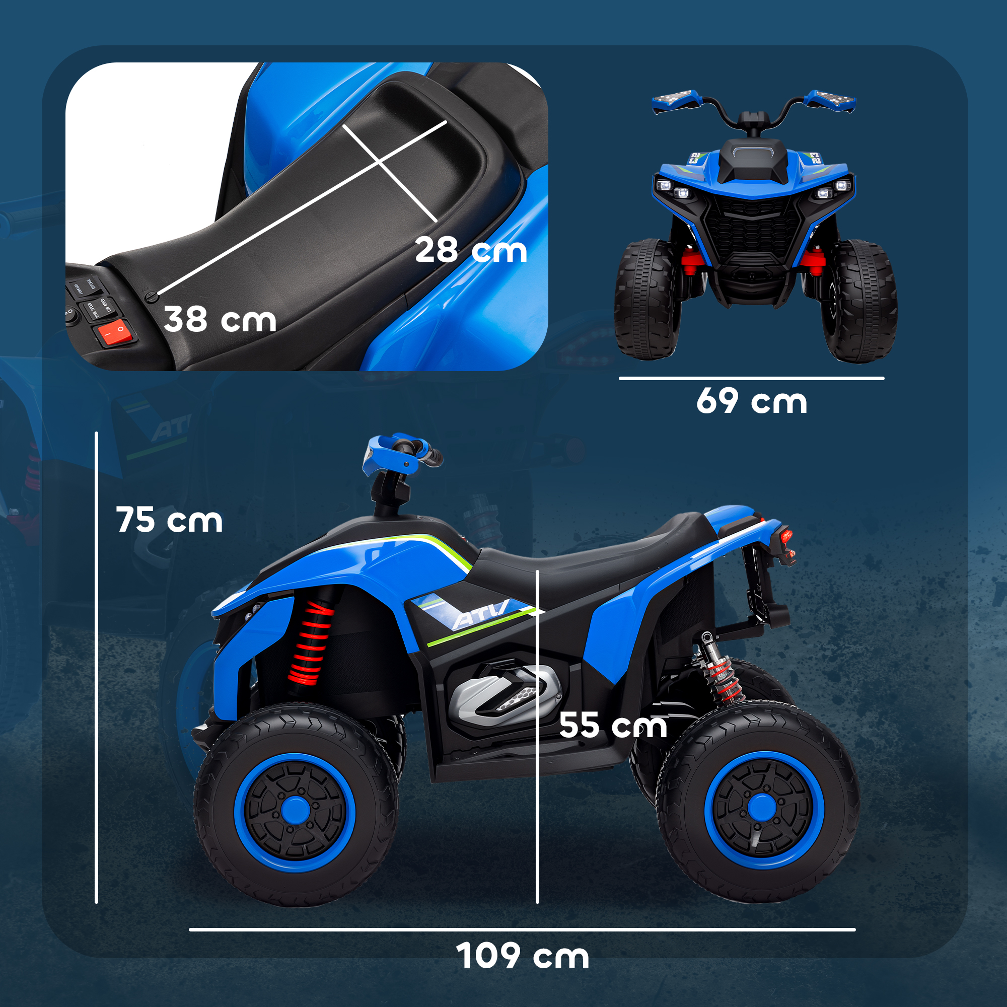 Elektroquad für Kinder, 3-6 km/h, LED-Scheinwerfer, Musik, USB, für 3-8 Jahre, Blau