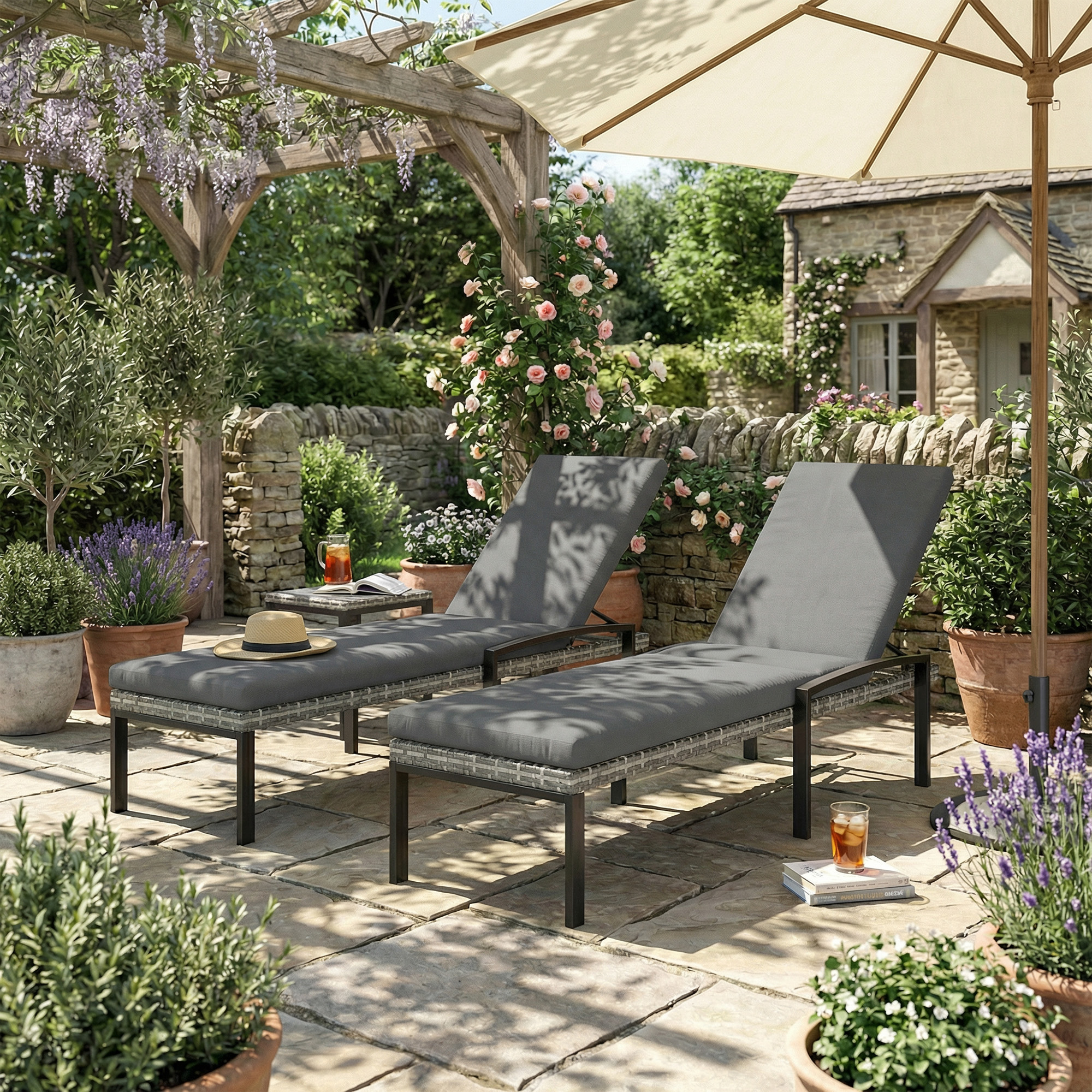 2er Set Sonnenliege Polyrattan Gartenliege mit 5-Fach verstellbar Rückenlehne Auflage bis 120kg Hellgrau