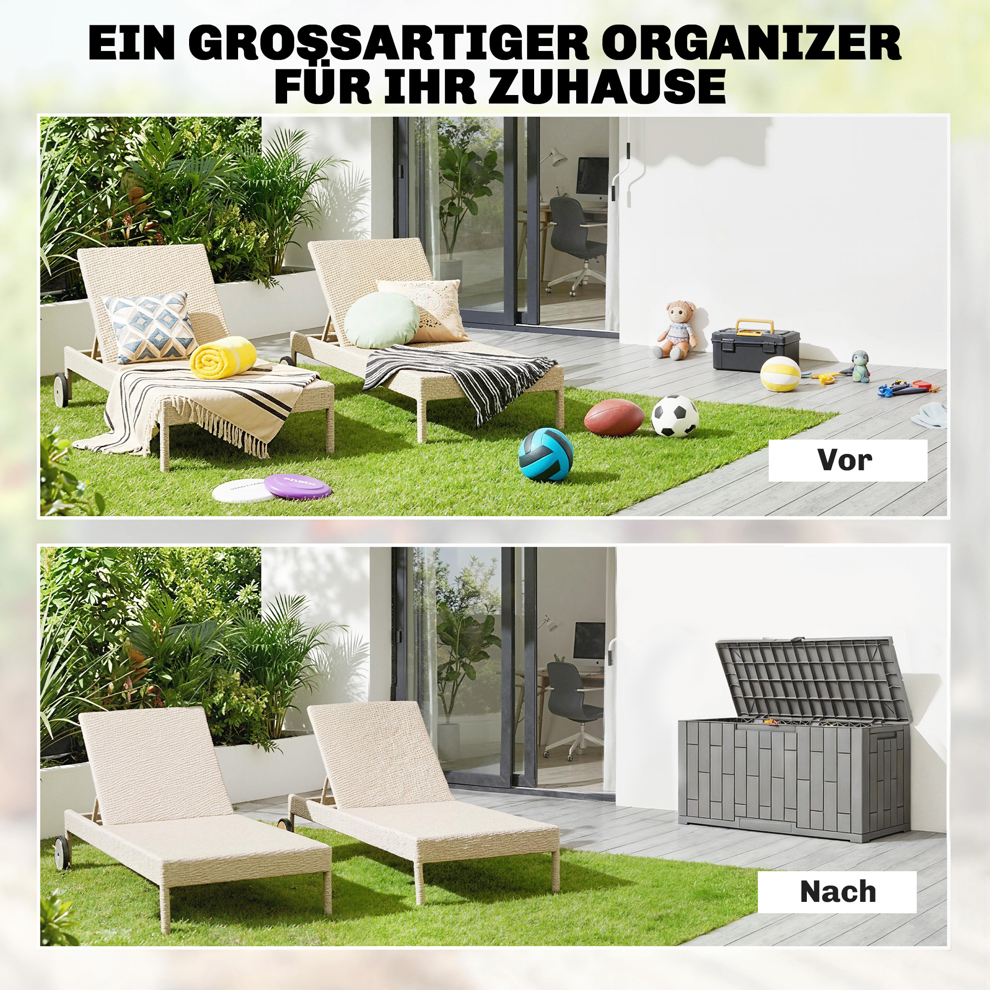 Gartenbox 227 Liter Wasserdicht Abschließbar UV-beständig Auflagenbox mit Holzoptik für Garten 106,5x43x54,5cm Grau