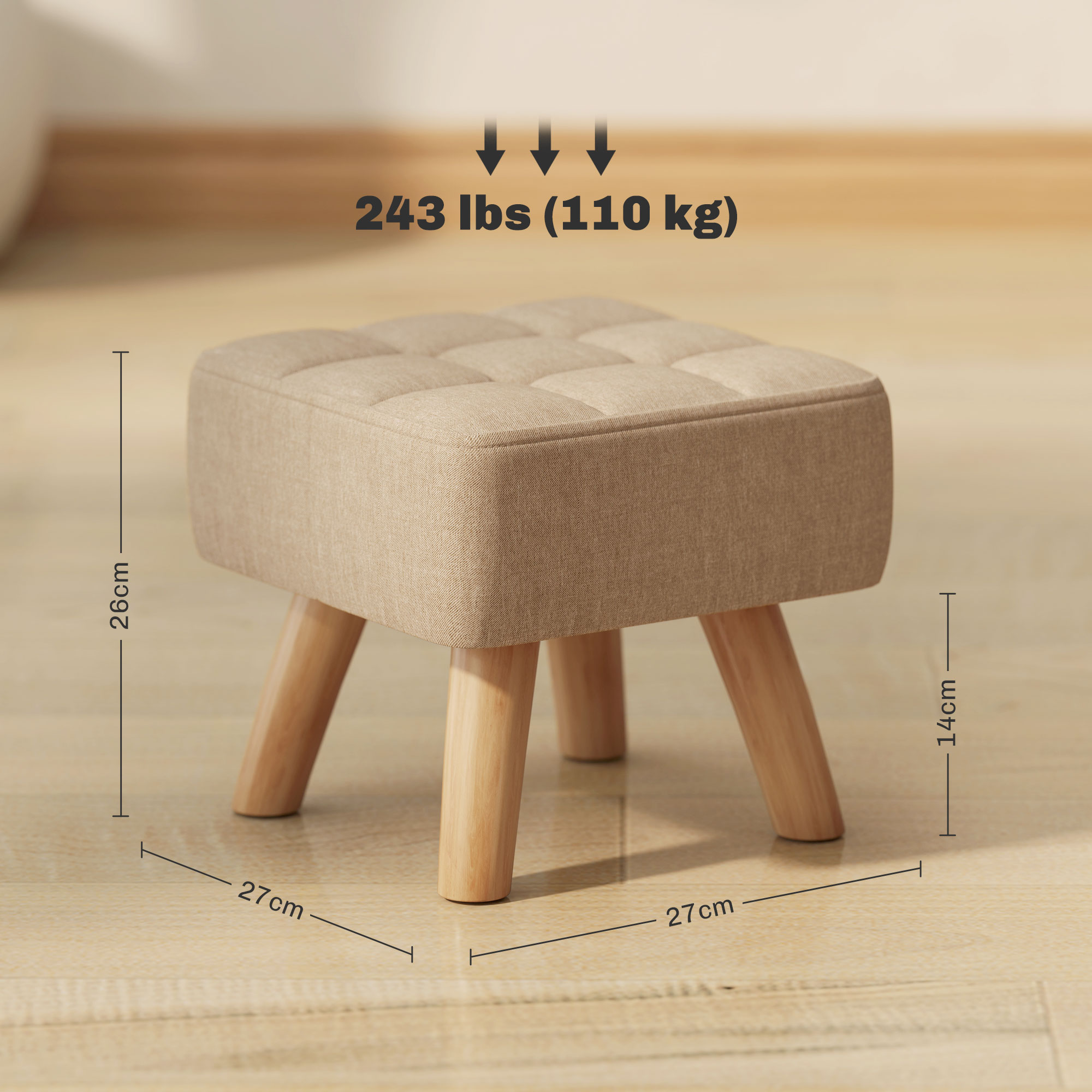 Fußhocker mit Polsterung, Leinenoptik, Holzbeine, bis 110 kg belastbar, Braun
