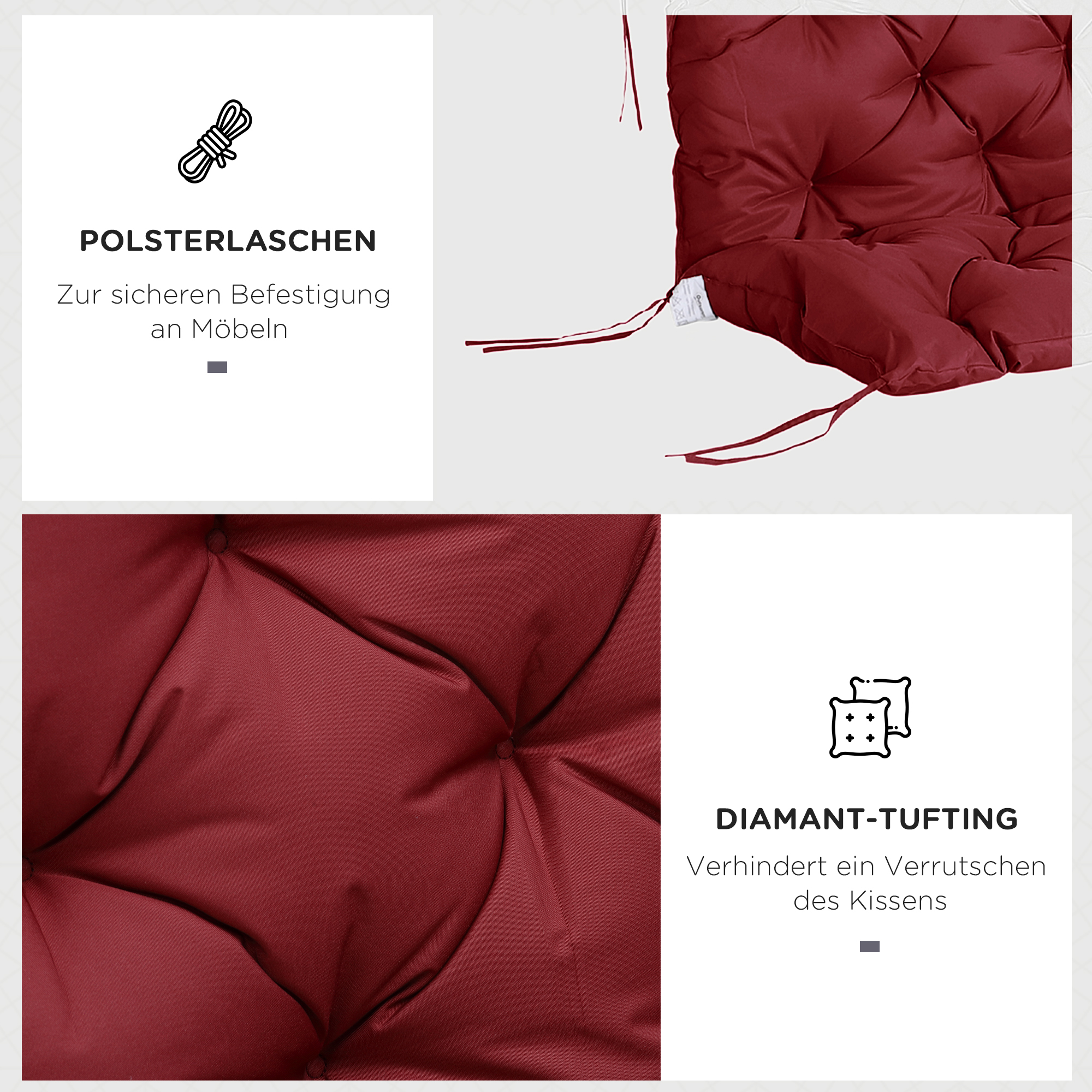 Sitzpolster für Bänke, Bankpolster mit Befestigungsbändern, für bis zu 3 Personen, Schaumstoff-Füllung, Sitzpolste