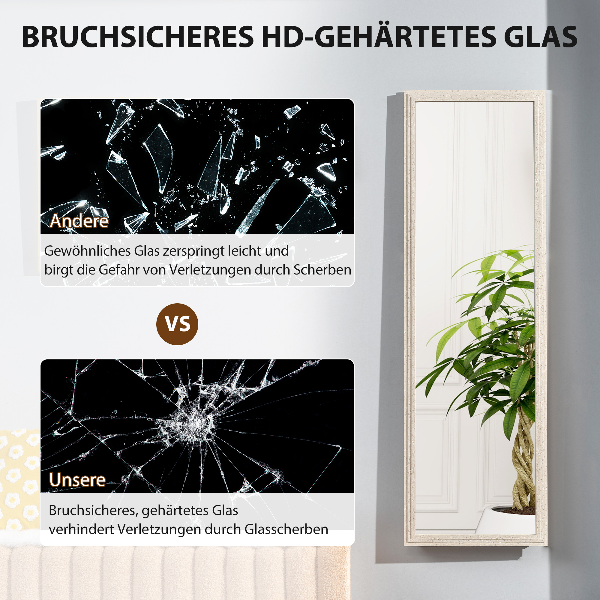 160 x 50 cm Ganzkörperspiegel, vielseitig verwendbar, rechteckiges Design mit Rahmen, Weiß