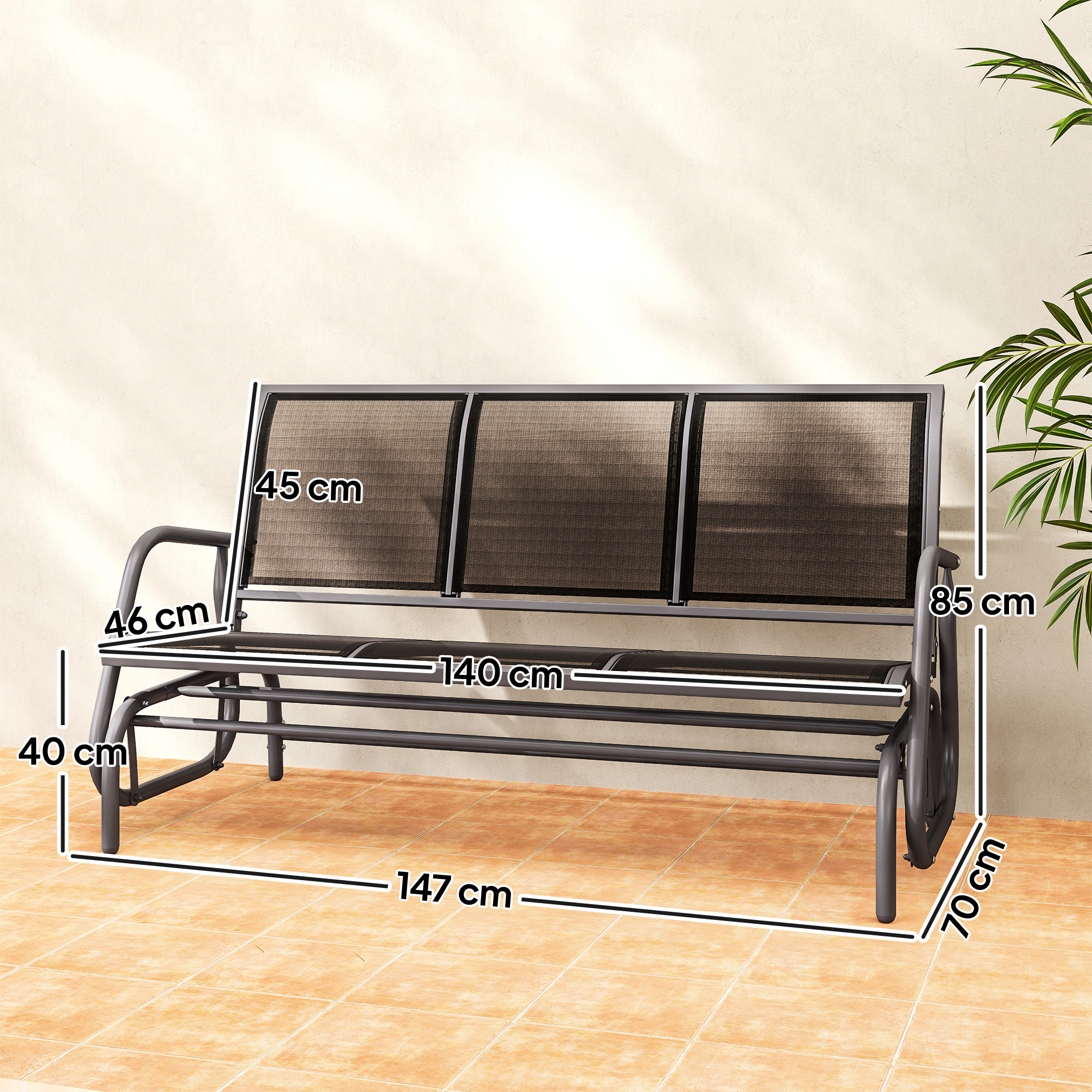 3-Sitzer Schaukelstuhl Gartenbank mit Schaukelmechanismus Gartenschaukel Sitzbank aus Metall Parkbank bis 300 kg belastbar Gartenmöbel für Garten, Terrasse, 147 x 70 x 85 cm Dunkelgrau