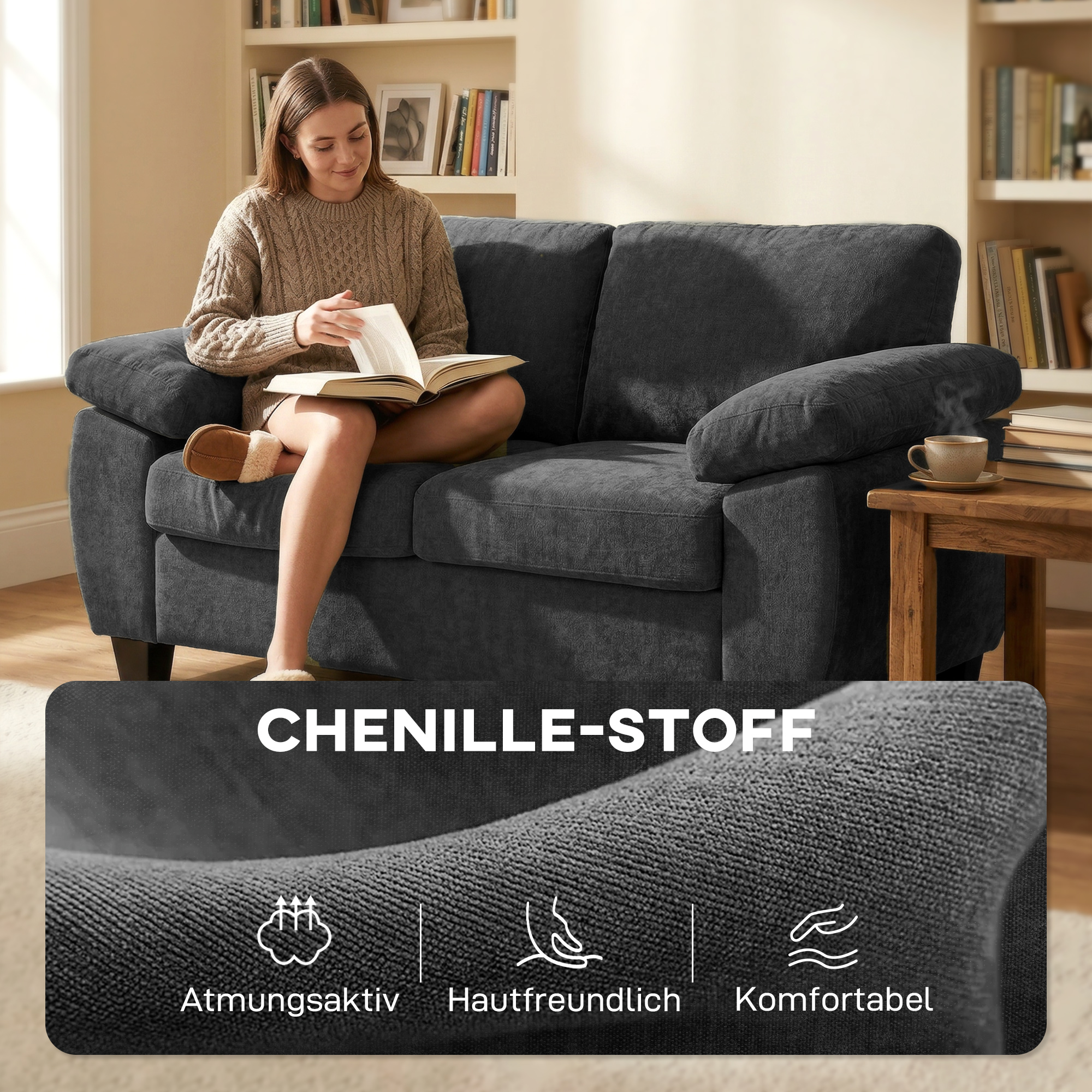 2-Sitzer-Sofa, 156 cm Chenille-Sofa mit dicken Federkernpolstern, breiten gepolsterten Armlehnen, 300 kg Tragkraft, Dunkelgrau