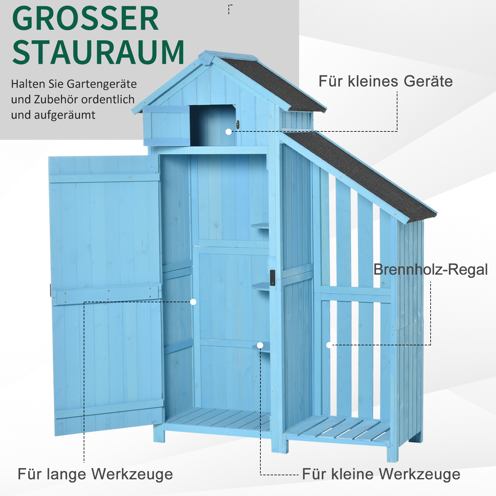 Gartenhaus Gerätehaus Geräteschuppen mit Brennholzlagerraum Geräteschuppen mit 3 Ablagen Asphaltdach Tannenholz Himmelblau 130 x 54,5 x 180 cm