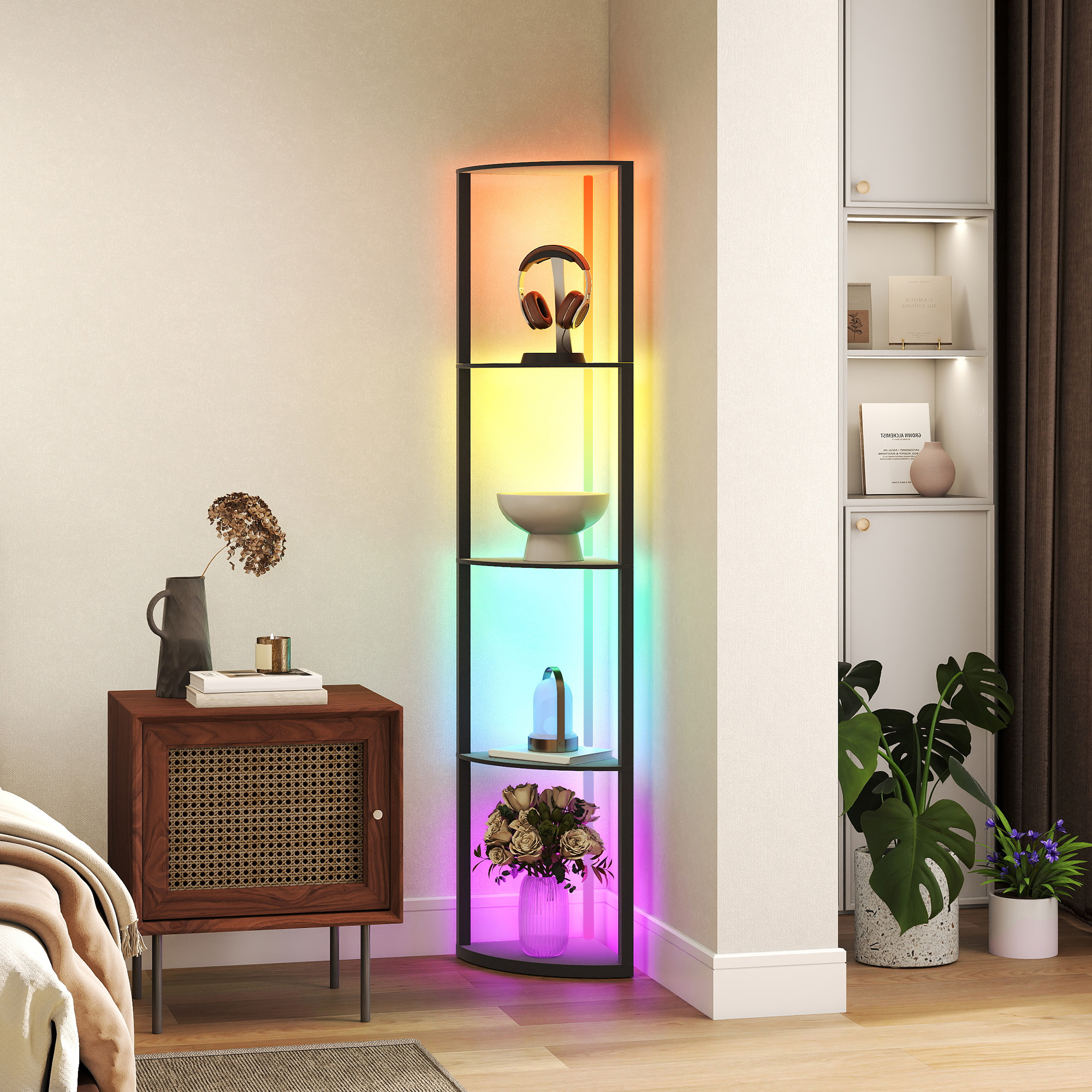 LED Stehlampe 5-stufige dimmbar Stehleuchte mit Regal,  RGB Farbwechsel, Fernbedienung