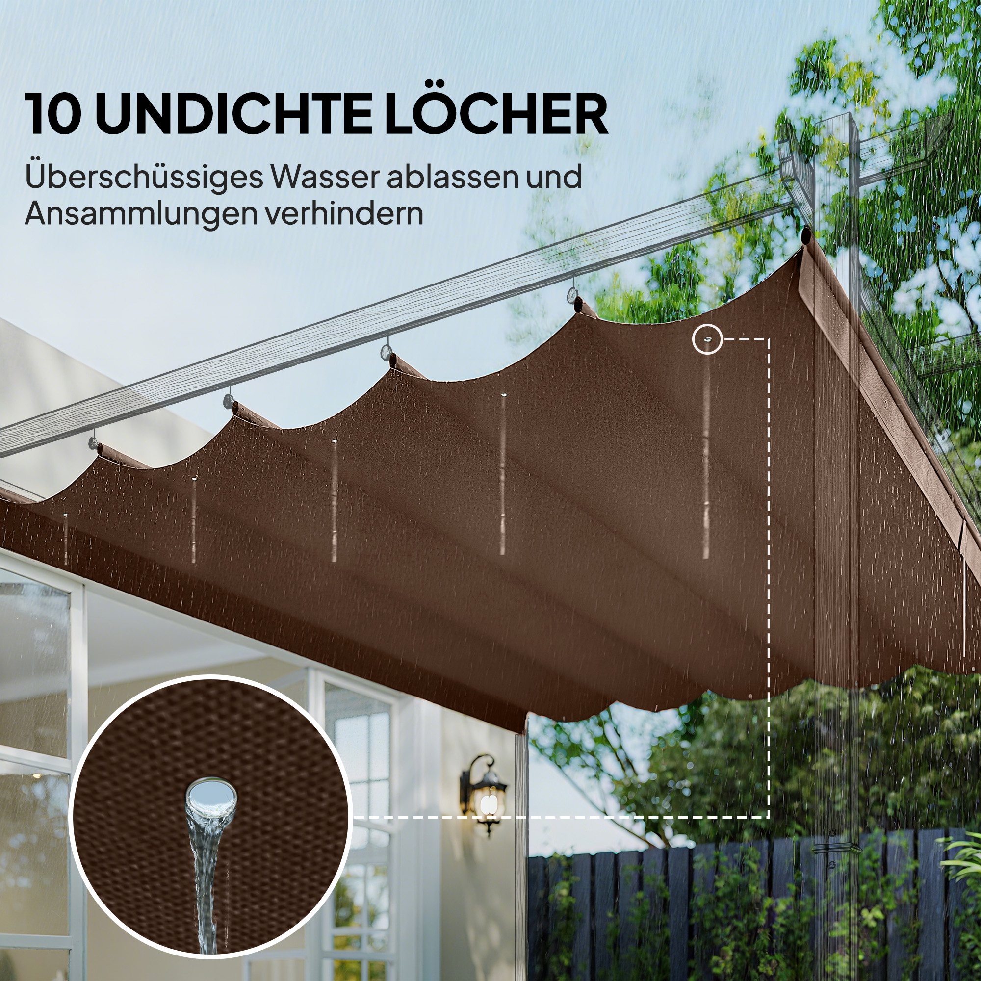 Ersatzdach für 3 x 3 m Pergola, einziehbar, mit Regenabflusslöchern, wetterfest, Polyester, Kaffee
