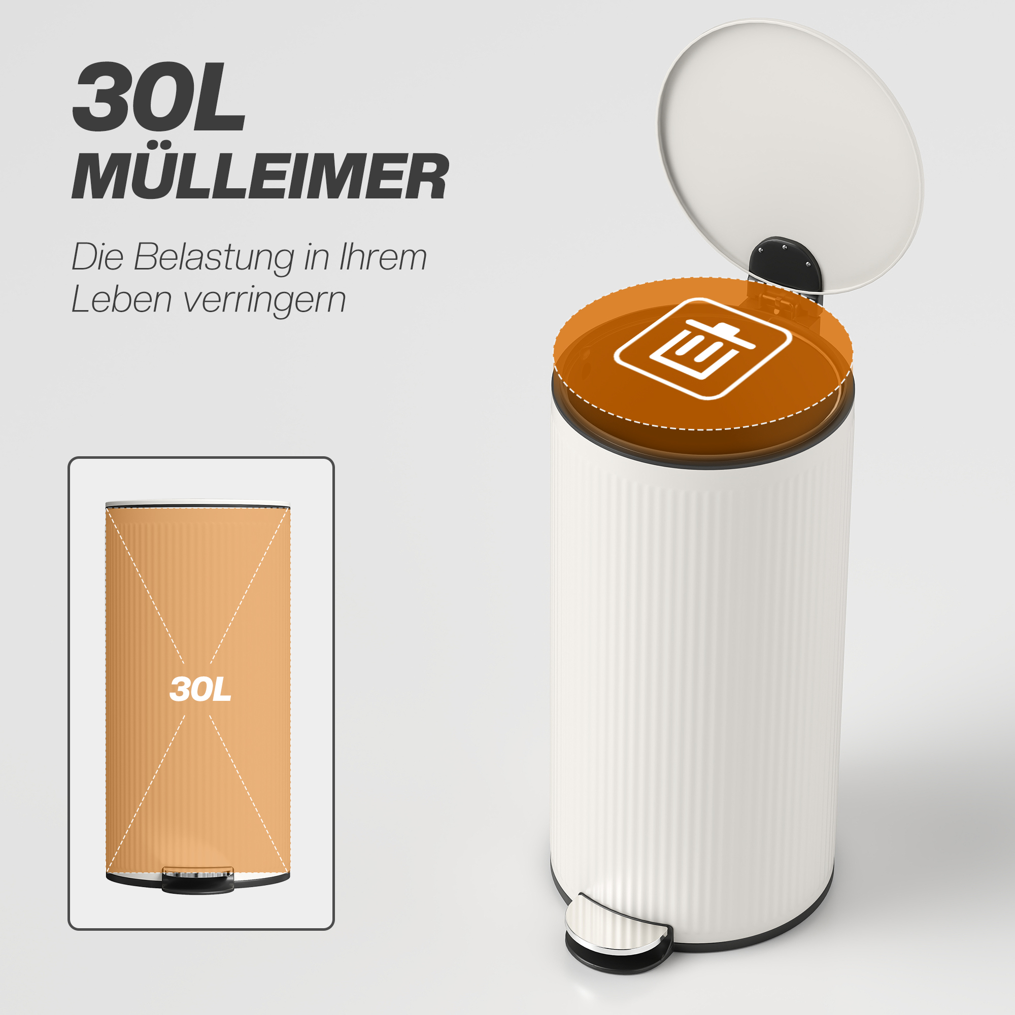 Mülleimer 30 L Treteimer mit Softclose-Deckel und Pedal, Inneneimer Metall, Schwarz, 36 x 30 x 60,5 cm