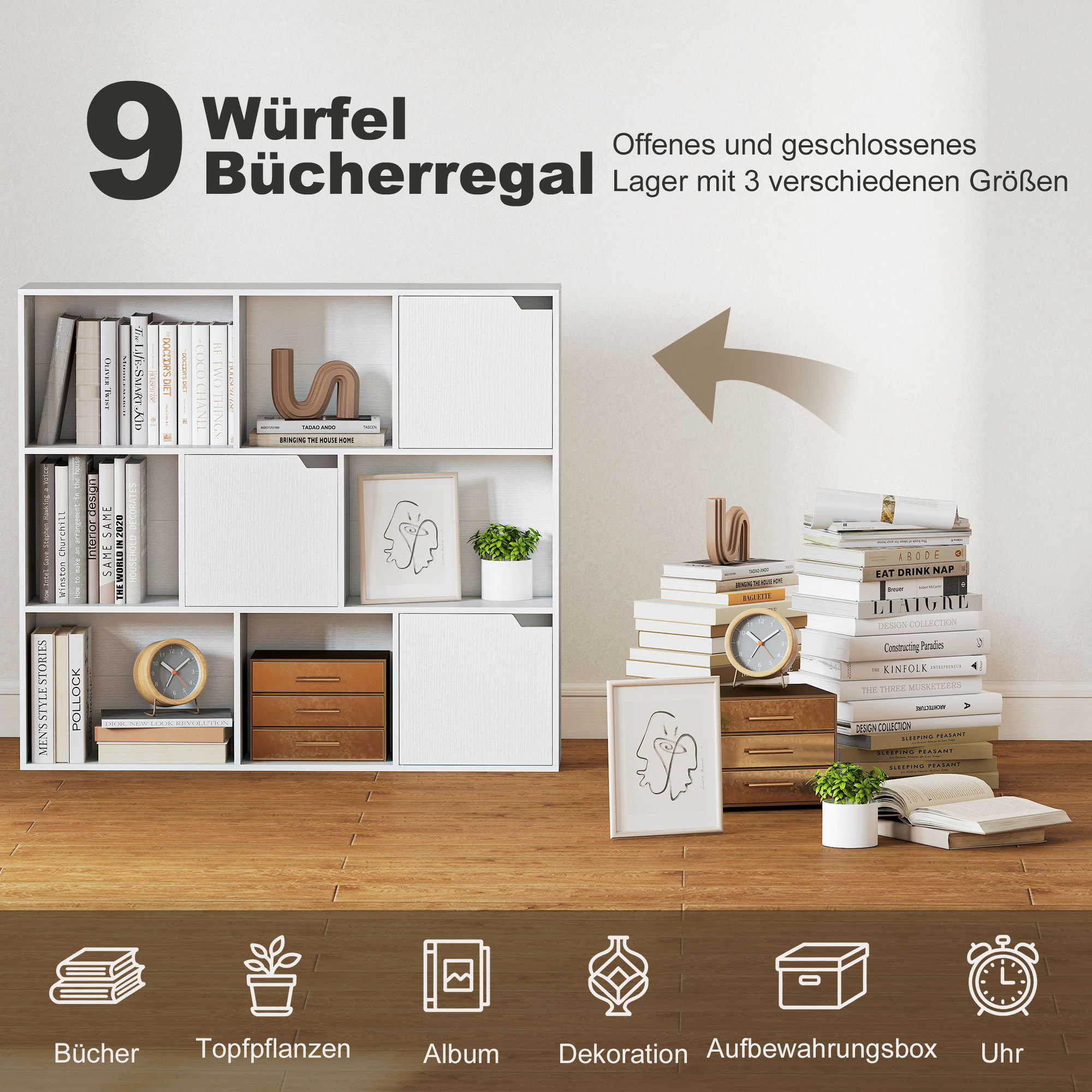 Bücherregal, 9 Würfelfächer, 3 Türen, 6 offene Regale, für Wohnzimmer, Schlafzimmer, Spanplatte, Weiß