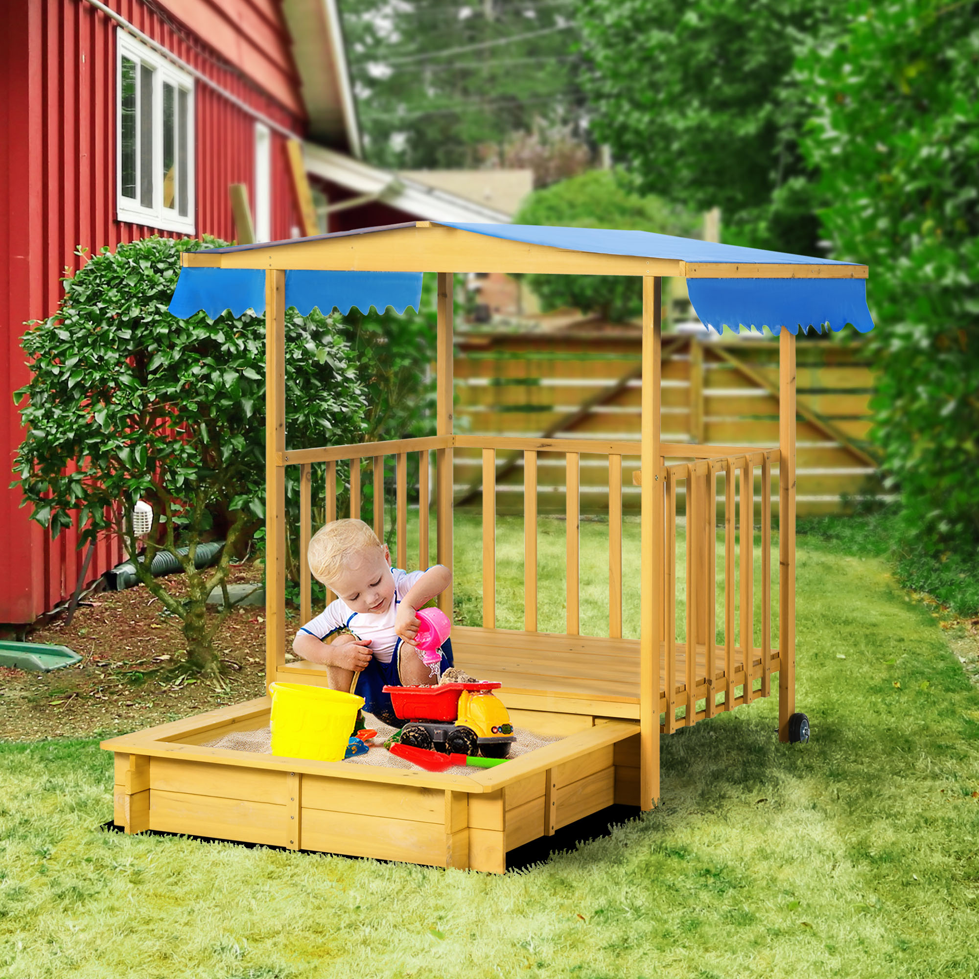 Sandkasten Sandkasten mit Spielhaus Sandkasten mit Dach, 133 x 129 x 137, 5 cm, Natur + Blau