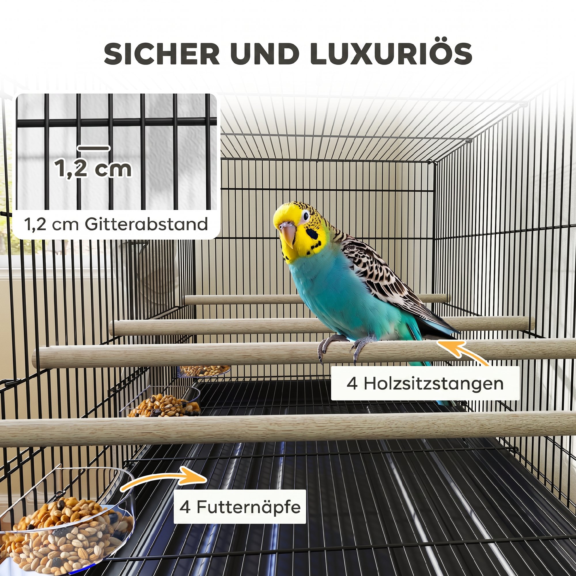 Vogelkäfig, Vogelvoliere mit Rollen, 2 Türen, 4 Sitzstangen, Ablagefach, Metall Vogelhaus 76x46x116cm, Schwarz