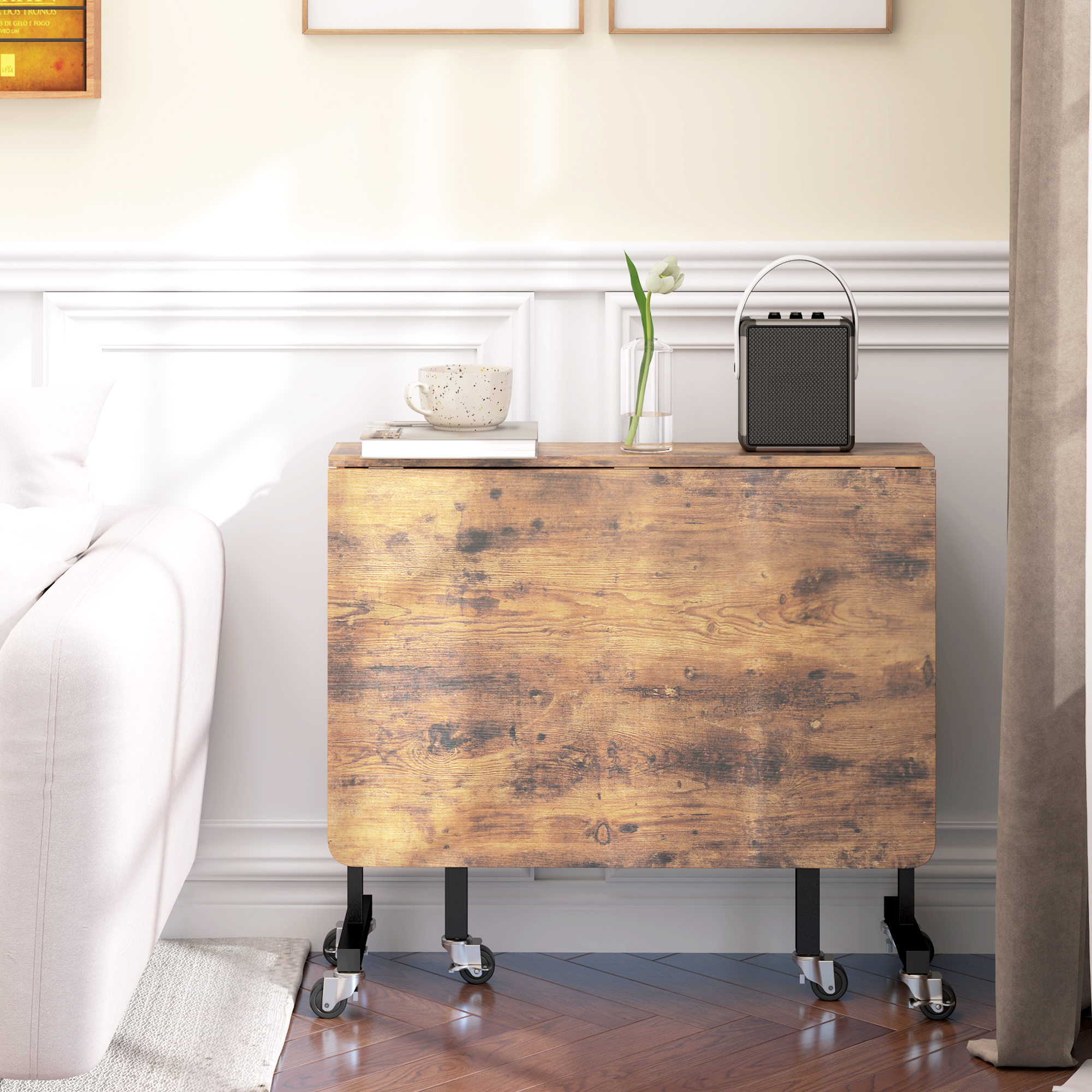 Klappbarer Esstisch, für bis zu 6 Personen geeignet, mit 6 Rollen und Bremsen, für kleine Räume, Braun