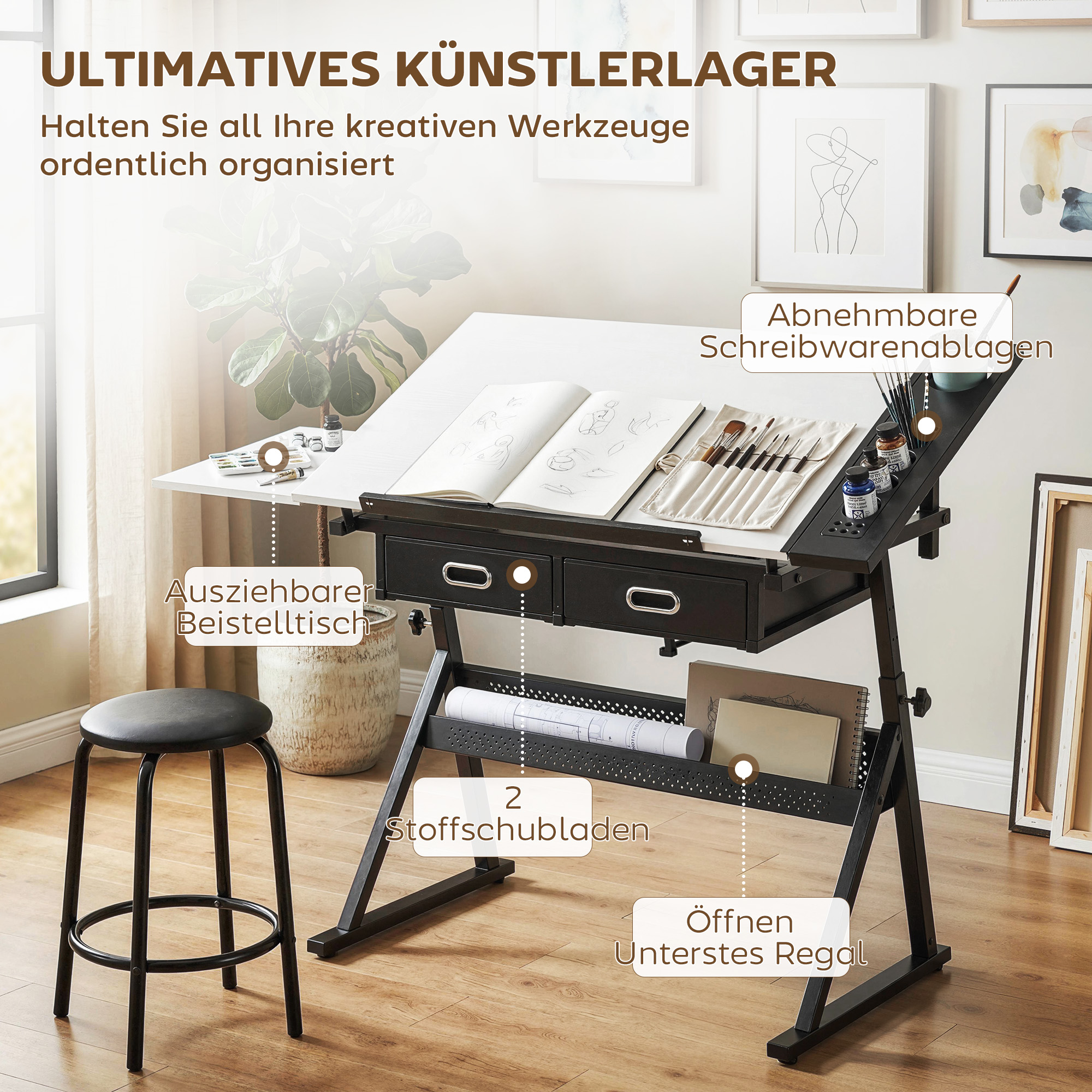 höhenverstellbarer Zeichentisch, Arbeitstisch mit Hocker und Schubladen, Weiß