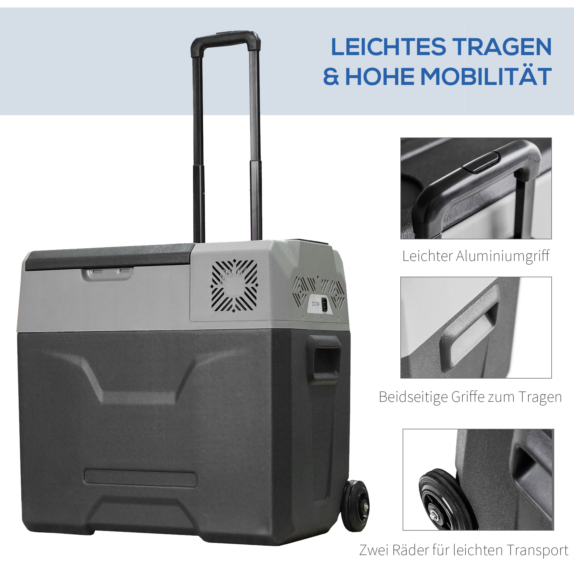 Autokühlschrank, Kühlbox, 50L, bis -20° C, Touch-Display, 2 Räder, Teleskopgriff, 58,6 x 37,8 x 54,5 cm, Grau
