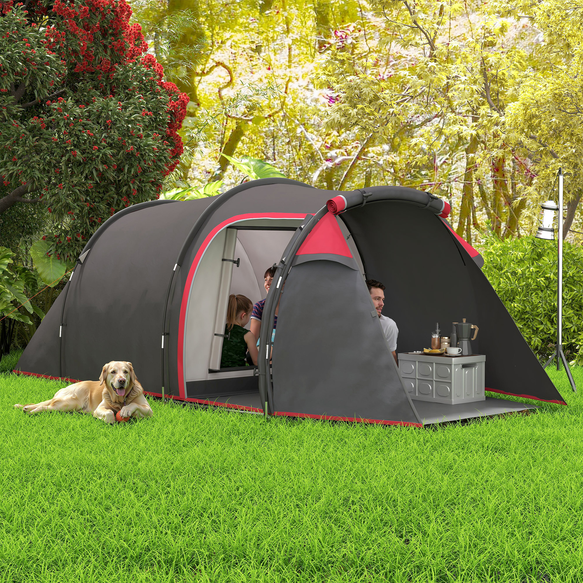 Campingzelt, Wurfzelt für 2-3 Personen, Vorraum & Schlafbereich, wasserdicht, 426 x 206 x 154 cm, Grau