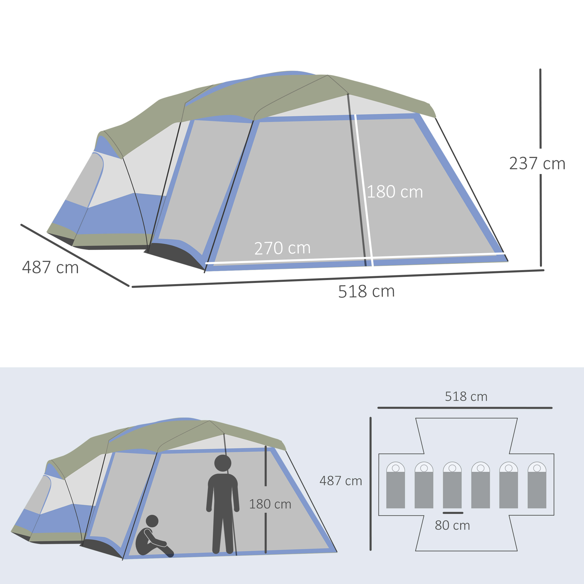 Camping Zelt 6-8 Personen Zelt Familienzelt mit Vorraum 2 Fenster Kuppelzelt Kunstleder3000mm für Trekking Festival Glasfaser Blau 518 x 487 x 237 cm